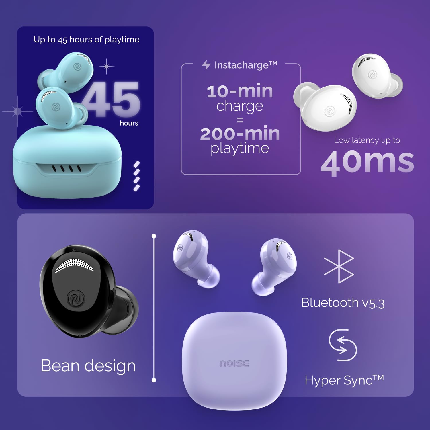 Noise Buds Trance in-Ear Truly Wireless Earbuds with 45H of Playtime, Low Latency(up to 40 ms), Instacharge(10 min=200 min), BT v5.3(Space Blue) — Amazon image 2