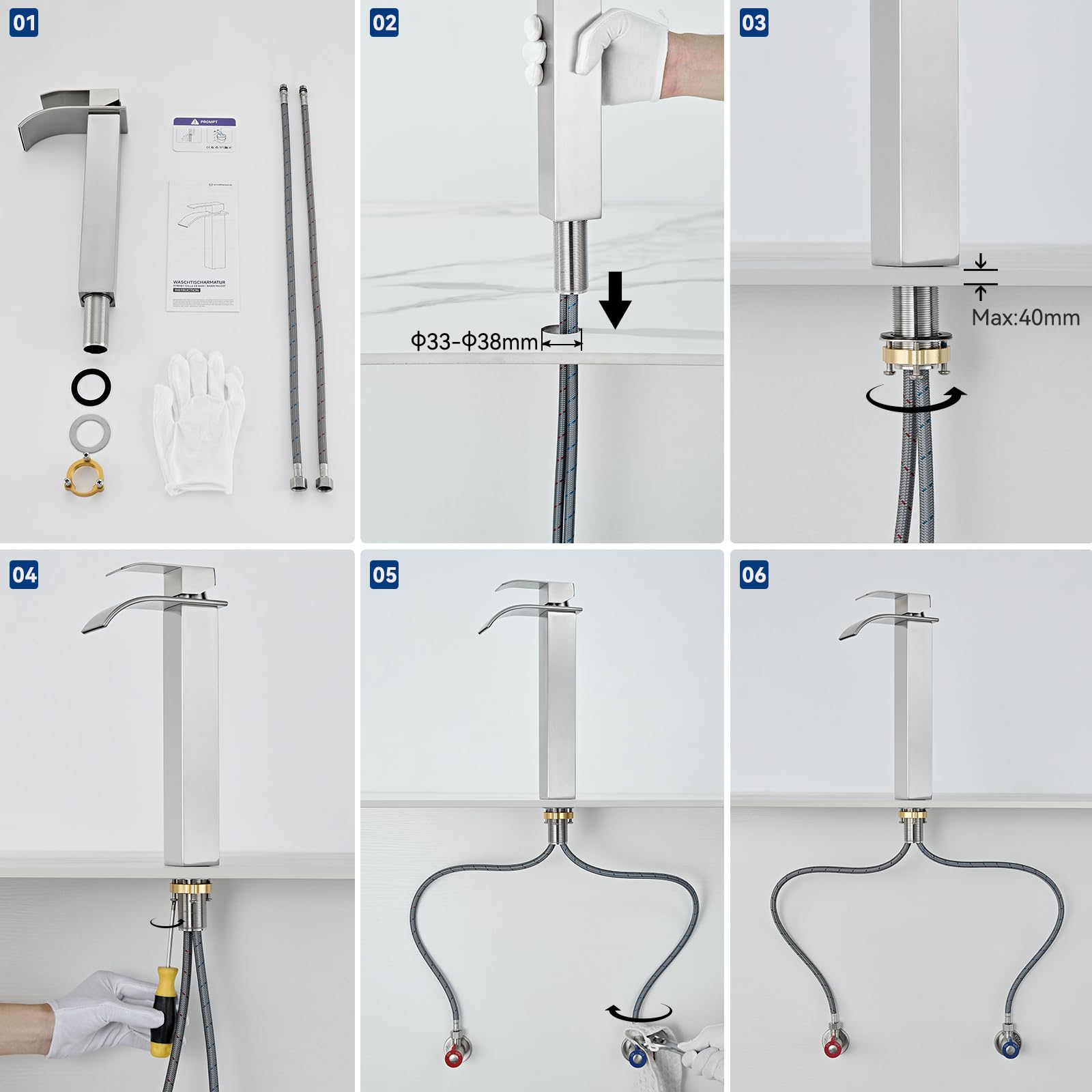 CECIPA Wasserhahn Bad, Waschtischarmatur Wasserfall für Badezimmer | Waschbecken Armaturen Mit Warm Und Kalt Wasser, Einhebelmischer Mischbatterie, Wasserauslaufhöhe 245 mm, Gebürstetes