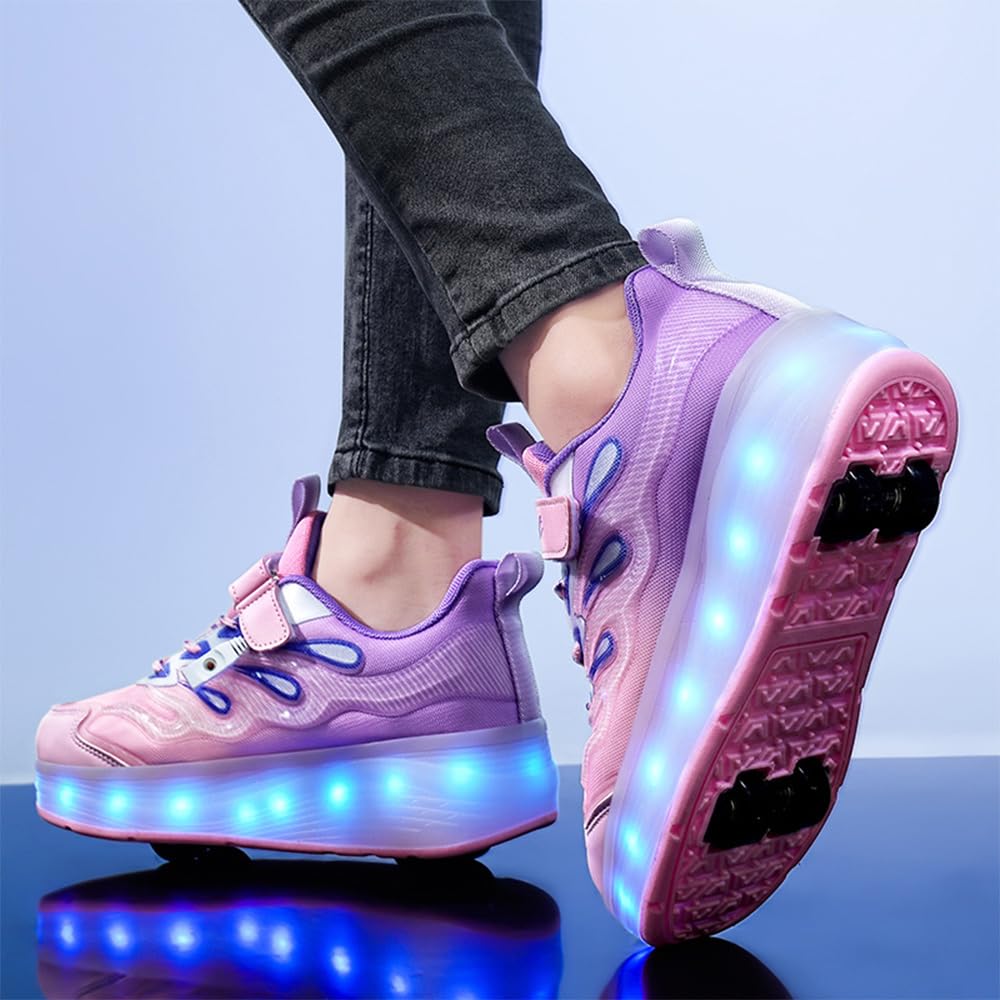 Hixingo Zapatillas con Ruedas Niña Niño, Zapatos con 4 Ruedas para Niñas con LED 2 en 1 Zapatillas Patines Zapatillas Ruedas Niño, Degradado de Color Calzado de Skateboarding Multifuncionales