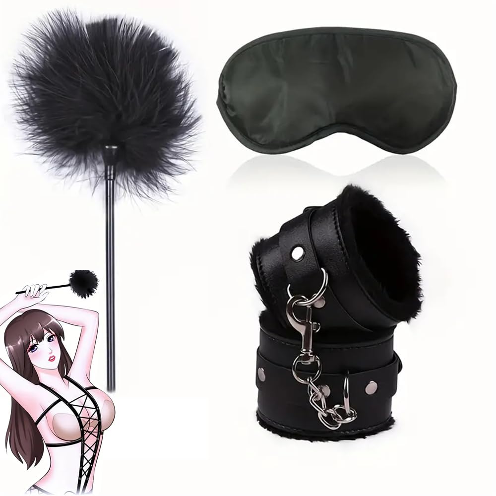 Polsini in peluche vincolati in pelle artificiale, maschera per gli occhi, piume, accessori per giochi di coppia