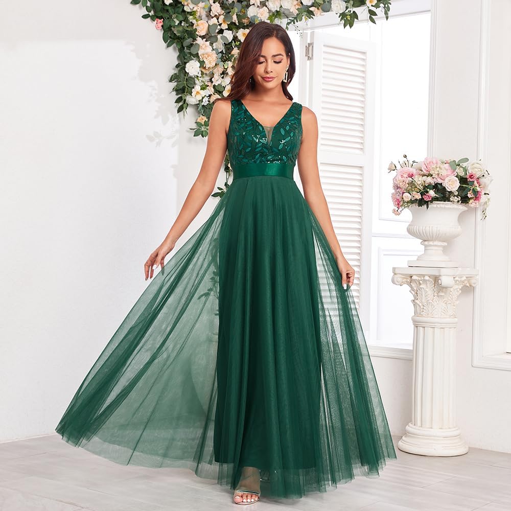 Women's Formal Dresses Long Tulle Evening Gowns Sleeveless A Line Sparkly Sequin Party Guest Homecoming Dress