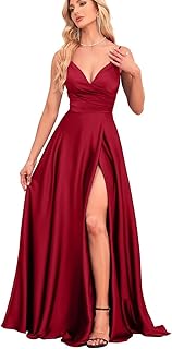 Bridesmaid Dresses with Slit Satin A Line Spaghetti Strap Formal Prom Evening Party Gown with Pocket IIF023