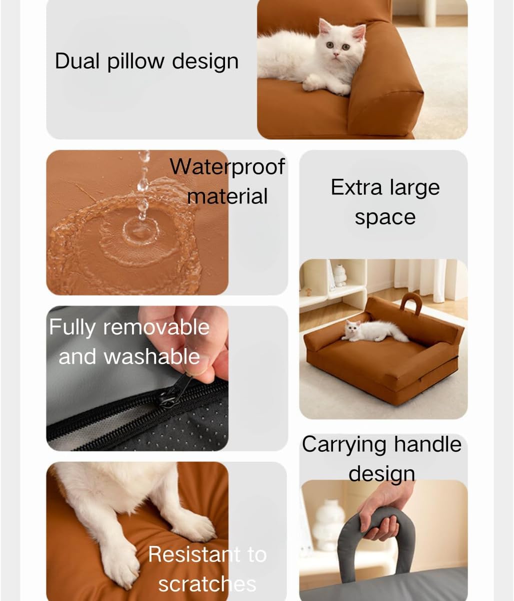 Pet Sofa Bed, Vintage Cat Puppy Faux Leather Couch with Non-Slip Bottom and Handle for Cats or Small Medium Dog Chair, Detachable and Washable, Waterproof Cat Sofa Bed (Grey,Medium)