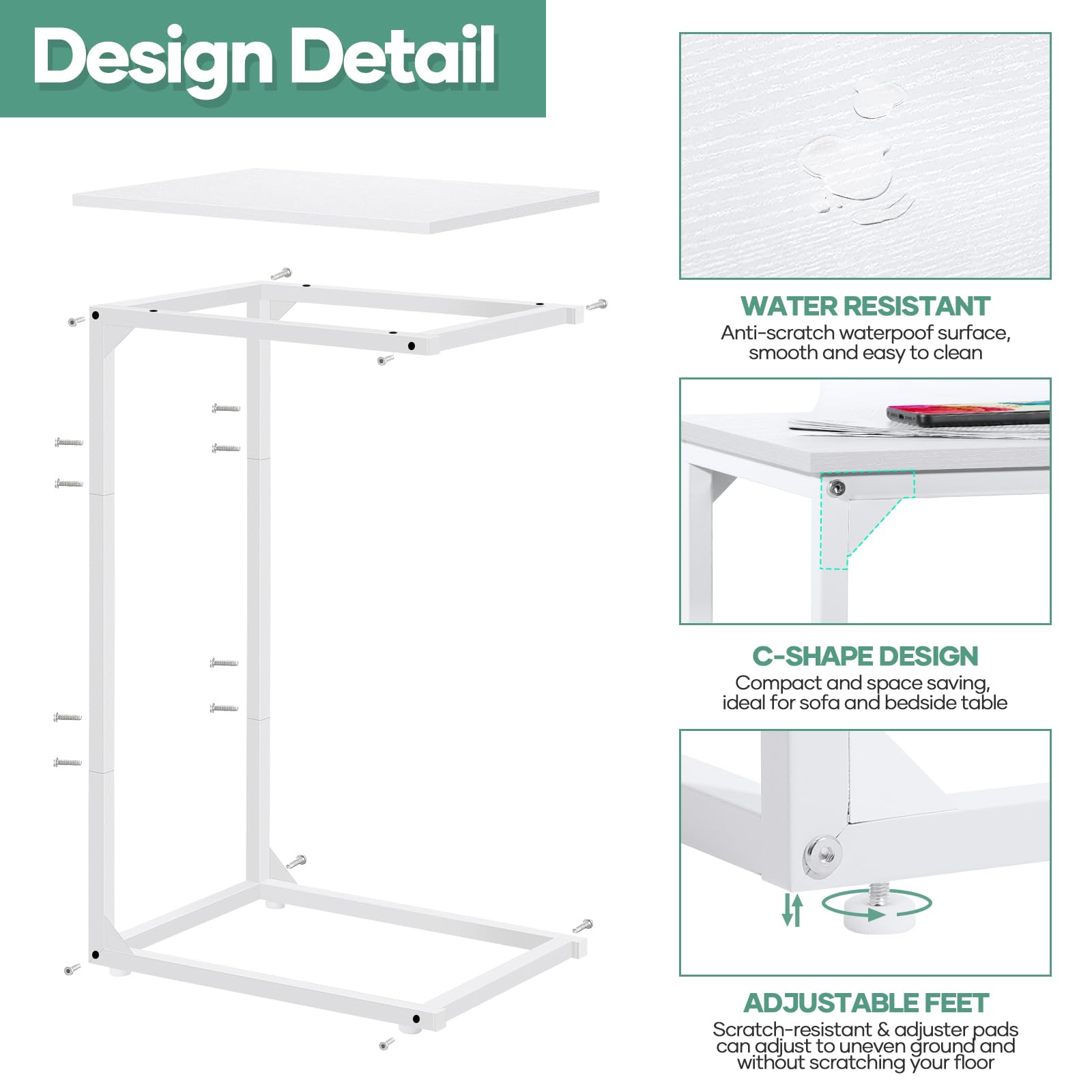 Nandae C Shaped End Table, Rustic Tray Side Table Bedside Table with Metal Frame for Laptop, Snack, Sofa Couch, Bed Living Room Bedroom, White