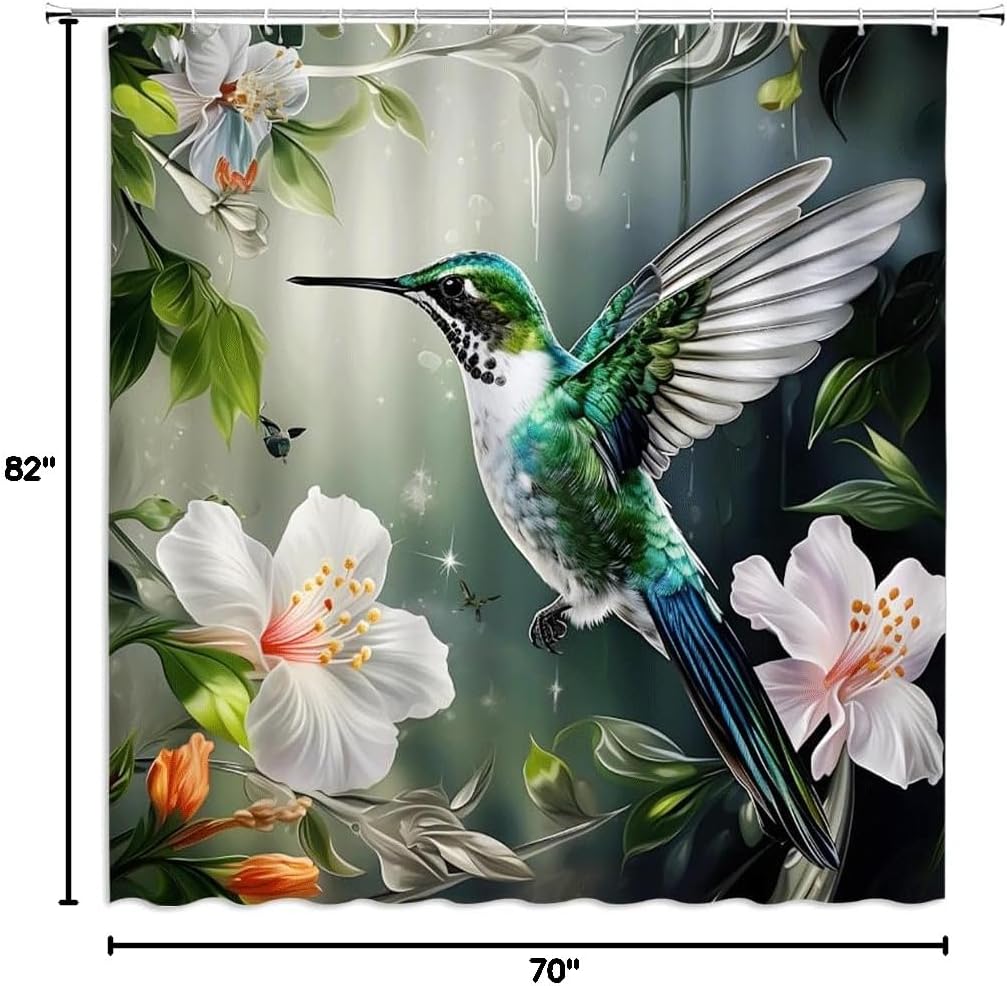 Hummingbird Flower Shower Curtain Watercolor Floral Green Leaves Bird Garden Nature Scenery Fabric Bathroom Decor Curtains with Hooks,82 x 70