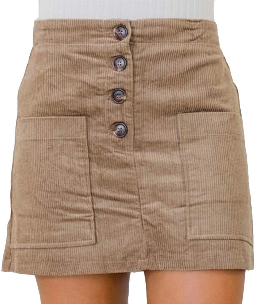 Susupeng Women High Waist Soft Faux Suede Button Down Skirt Slim Back Zip Side Pocket Mini Skirts