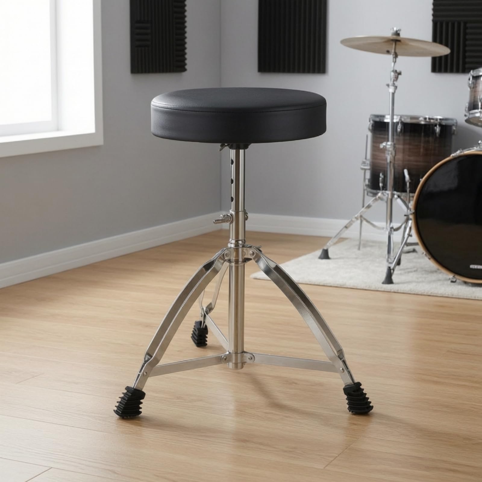 Sgabello Batteria Regolabile Sedia Tamburo Panchetto Musicista Sedile Rotondo Imbottito in Similpelle con Colonna in Metallo E Base Treppiede Stabile Adatto Concerti Studio Domestico