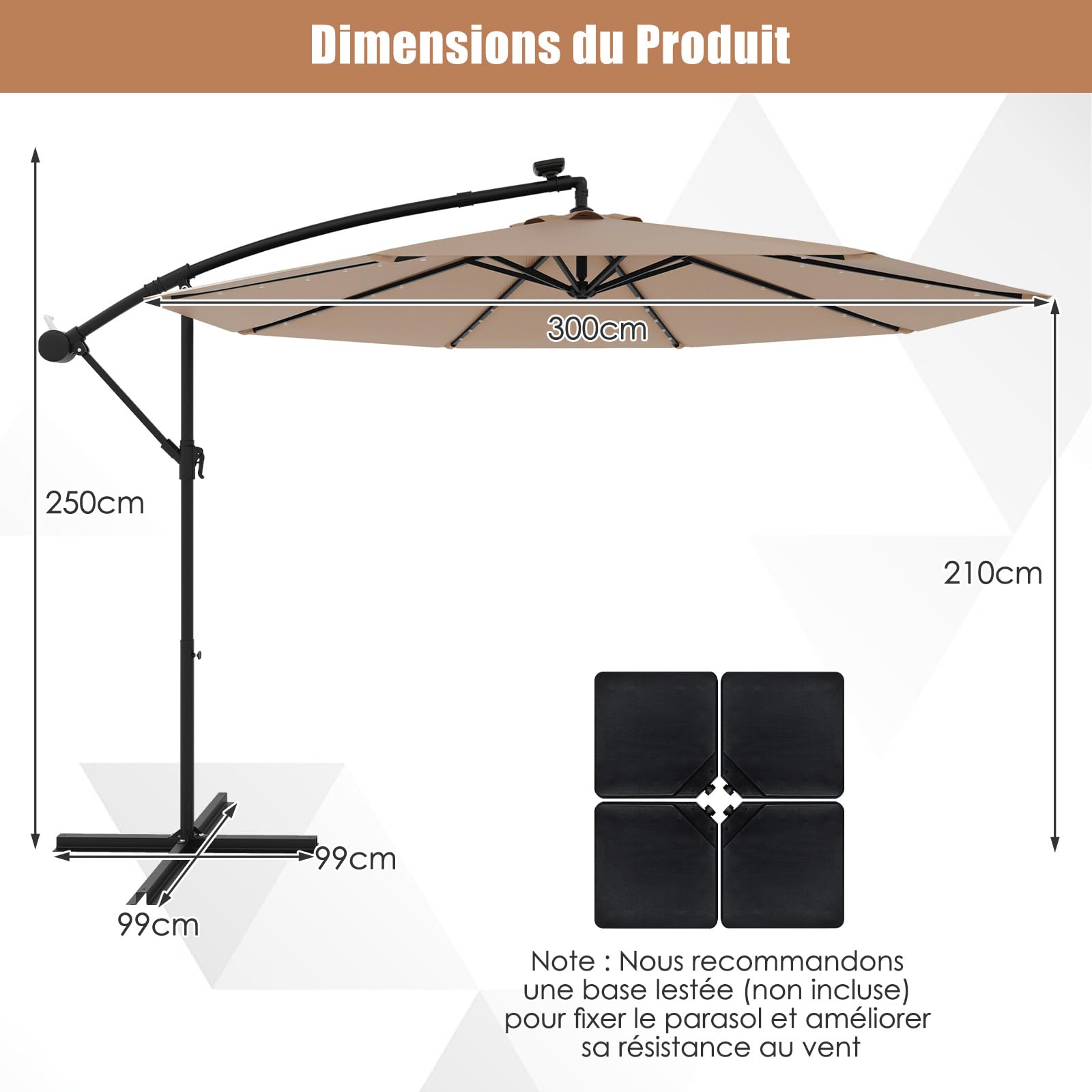 GOPLUS Parasol Déporté 3x3M, Grand Parasol de Jardin Extérieur avec 32 LED Solaires, 8 Baleines, Protection Solaire, Toile Inclinable, Rotatif à 360° pour Balon Patio Terrasse