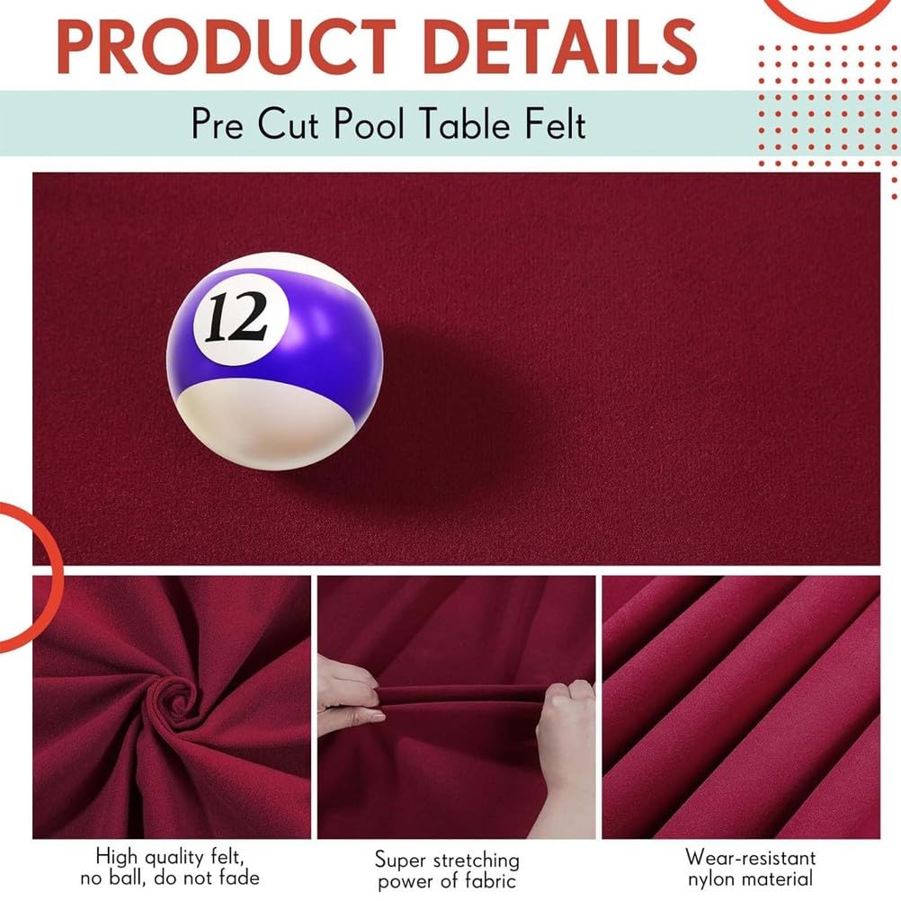 Nappe de Billard, Tapis de Billard en Feutre de Haute qualité, Accessoires de Nappe, pour Tables de Billard d'intérieur barsclubs, Super capacité d'étirement,Rouge,7ft