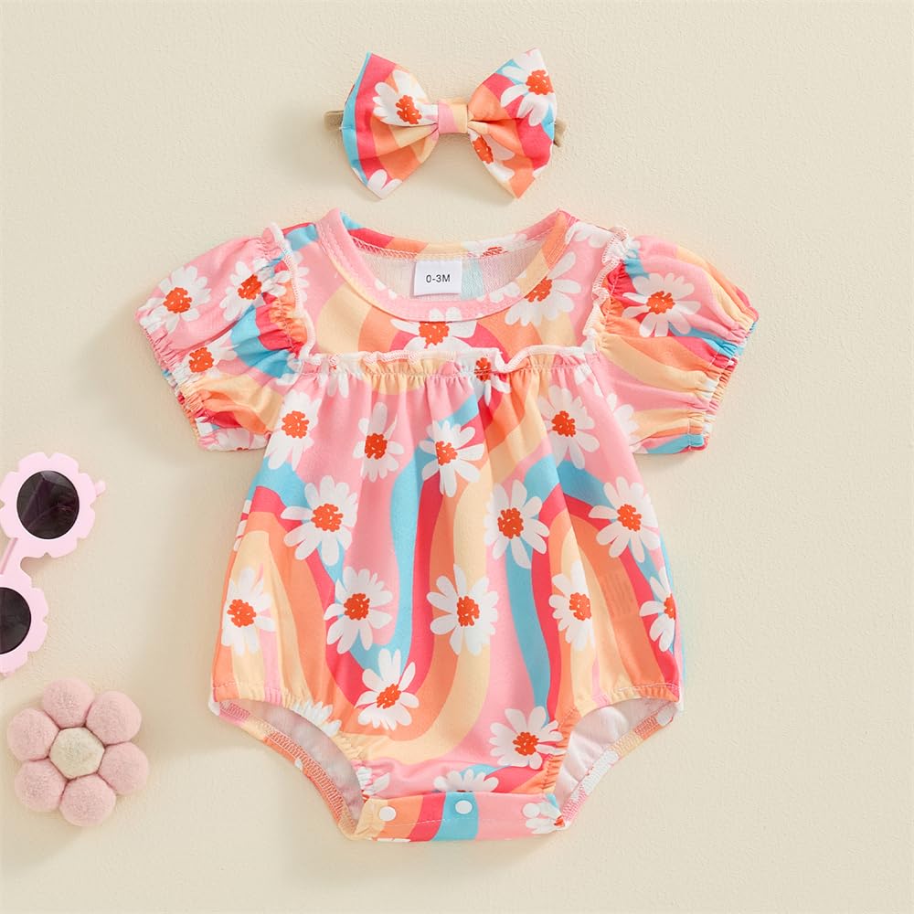 Newborn Baby Girl Romper Summer Floral Bubble Rompers Infant One Piece Bodysuit Toddler Outfit Cute Boho Clothes (A Flower Colorful,0-3 Months)