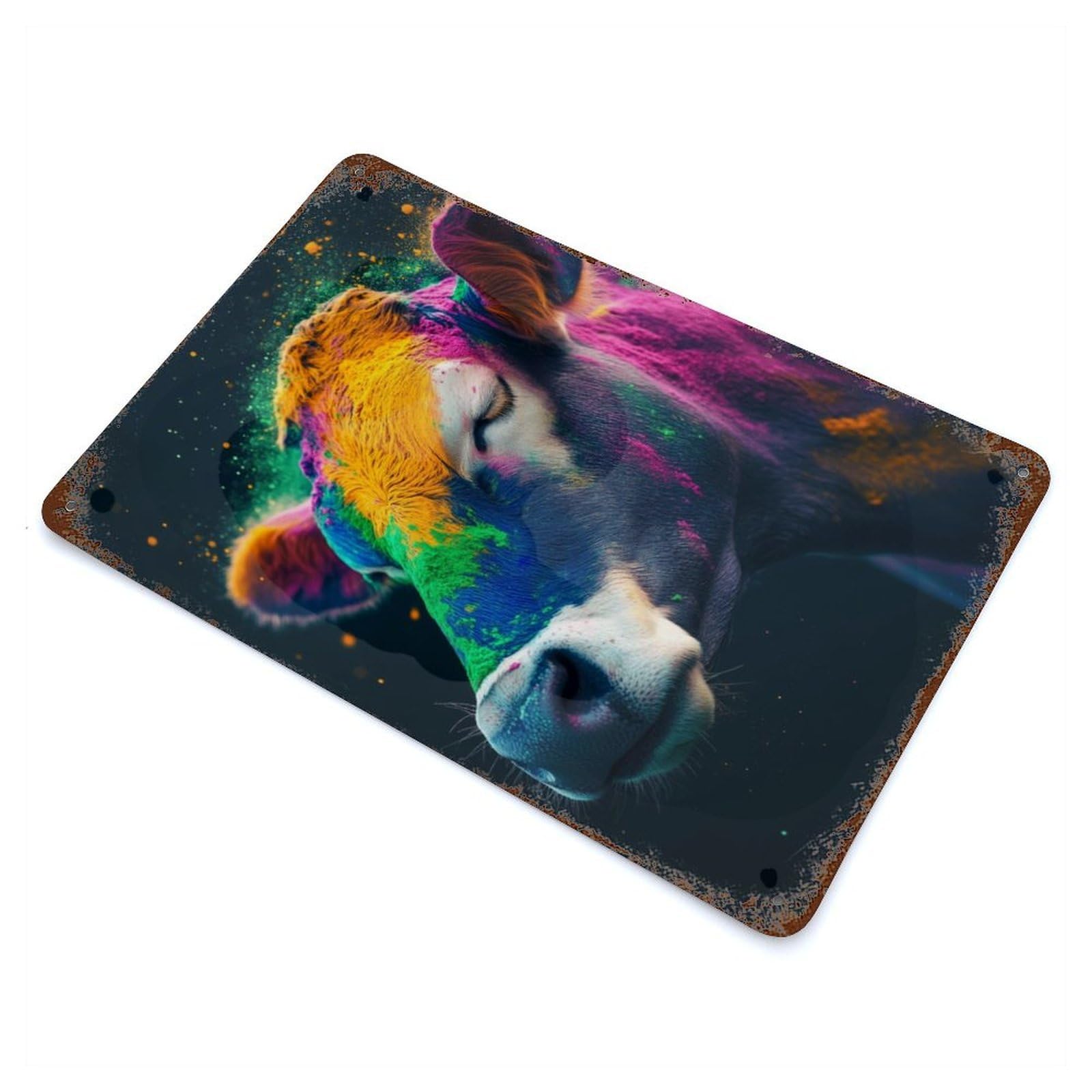 Colorful Powdered Cow Rustic Tin Plaque 11.8"x7.9", Ideal for Shed, Workshop And Garage Wall Decor