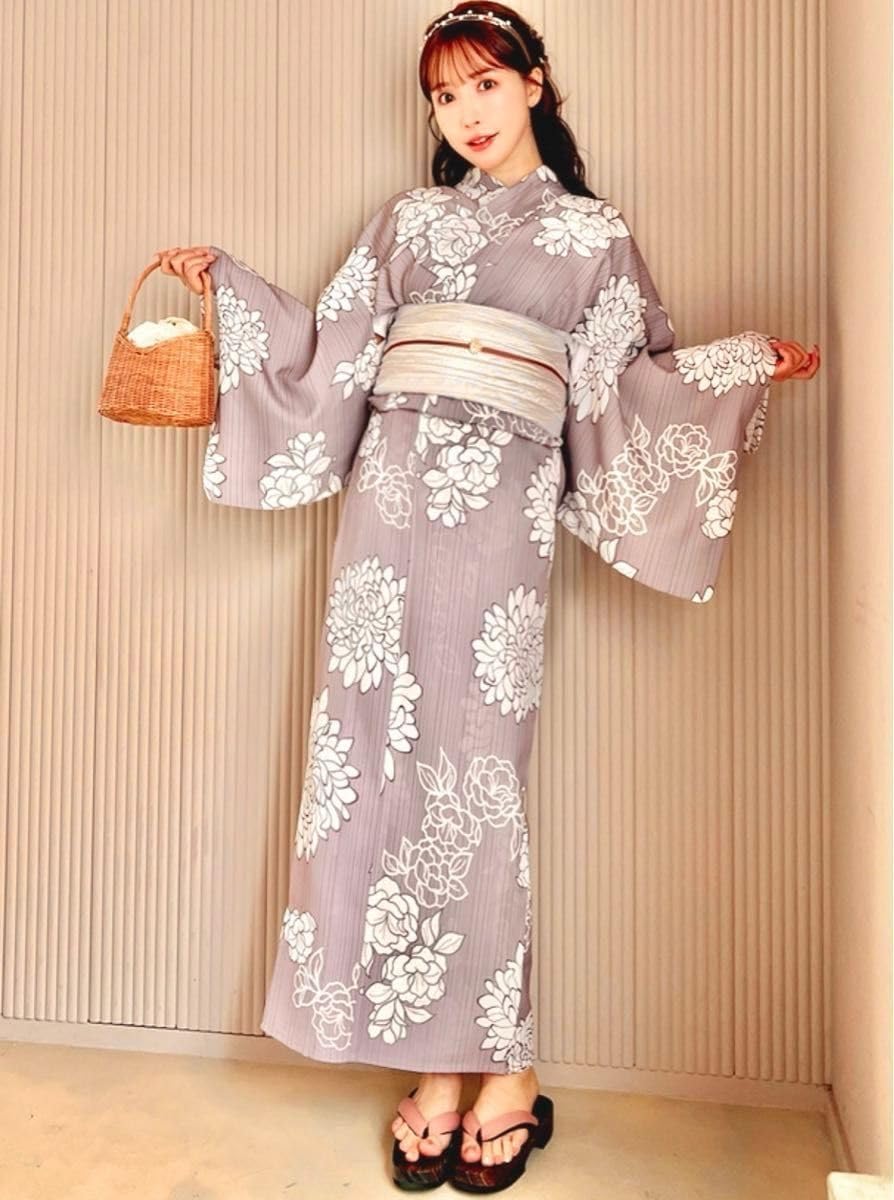 GRL Gray Yuya Mikami Striped Dahlia Yukata Set, Pink Brown, Yukata