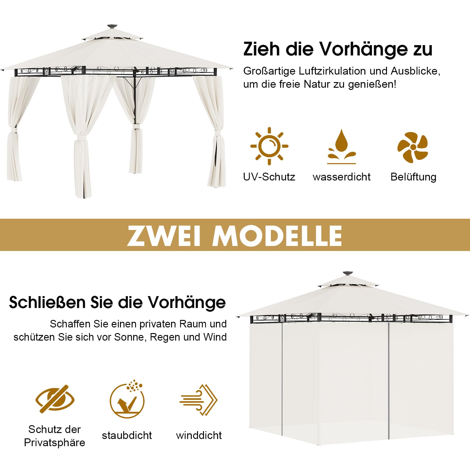 TRIUMPHKEY Gazebo 3x3 Impermeabile a Prova di Freddo,Gazebo da Giardino con Struttura in Metallo,Gazebos da Patio,Beige