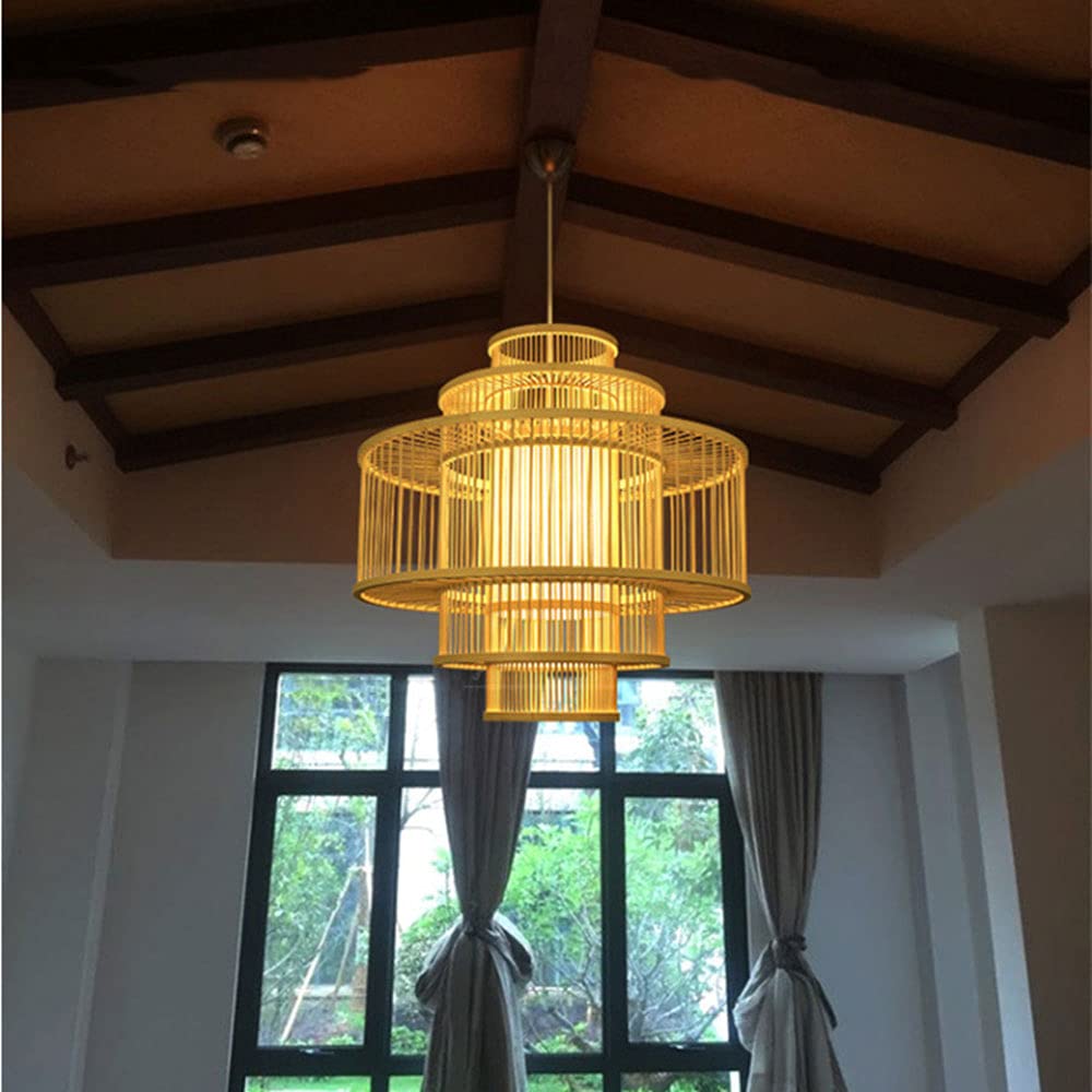 LED Modern Chandelier Lamp, Boho Style Chandelier Wicker Hollow LampShade Natural Bamboo Woven Indoor Pendant Lamp Lighting Handmade Rattan Restaurant Ceiling Lamp Fixture for Kitchen Living Room Dini