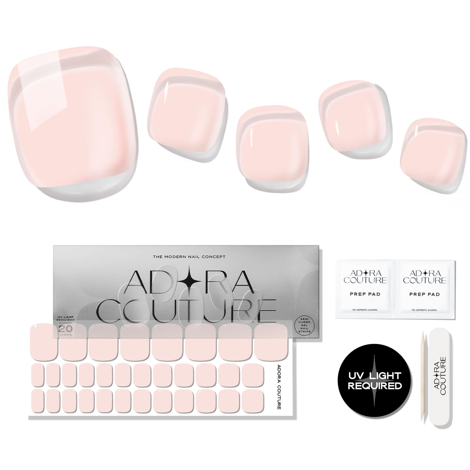 Semi Cured Gel Nail Strips – 32 Pcs Gel Pedicure Stickers - UV Nail Wraps for Toenails, Easy Application, Long Lasting, Salon Quality & UV Light