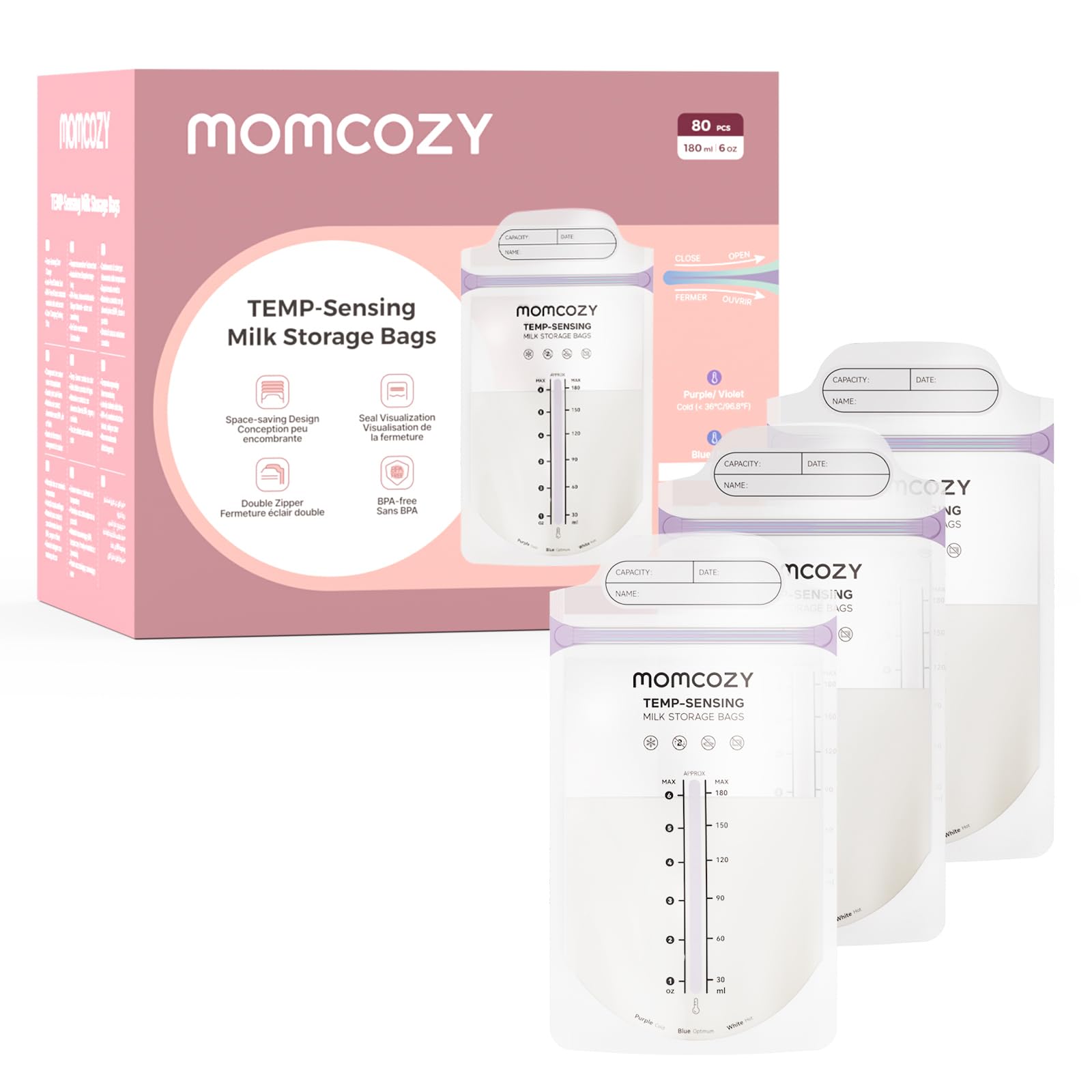 Momcozy Breastmilk Storage Bags, Larger Temp-Sense Area&Double Zip, 80ct