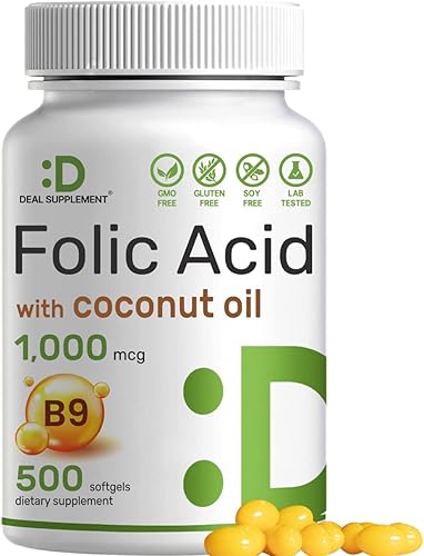DEAL SUPPLEMENT Ácido fólico 1000 mcg (1 mg), 500 cápsulas blandas de aceite de coco | Vitaminas prenatales biodisponibles (vitamina B9) – 1,667 mcg