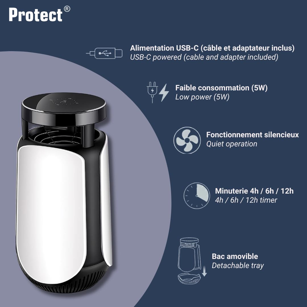 Protect® - Trappola antizanzare a aspirazione con lampada UV LED 365 nm, sterminatore di insetti silenziosi, copertura 30 m², timer 4/6/12h, USB-C (2 esche incluse)