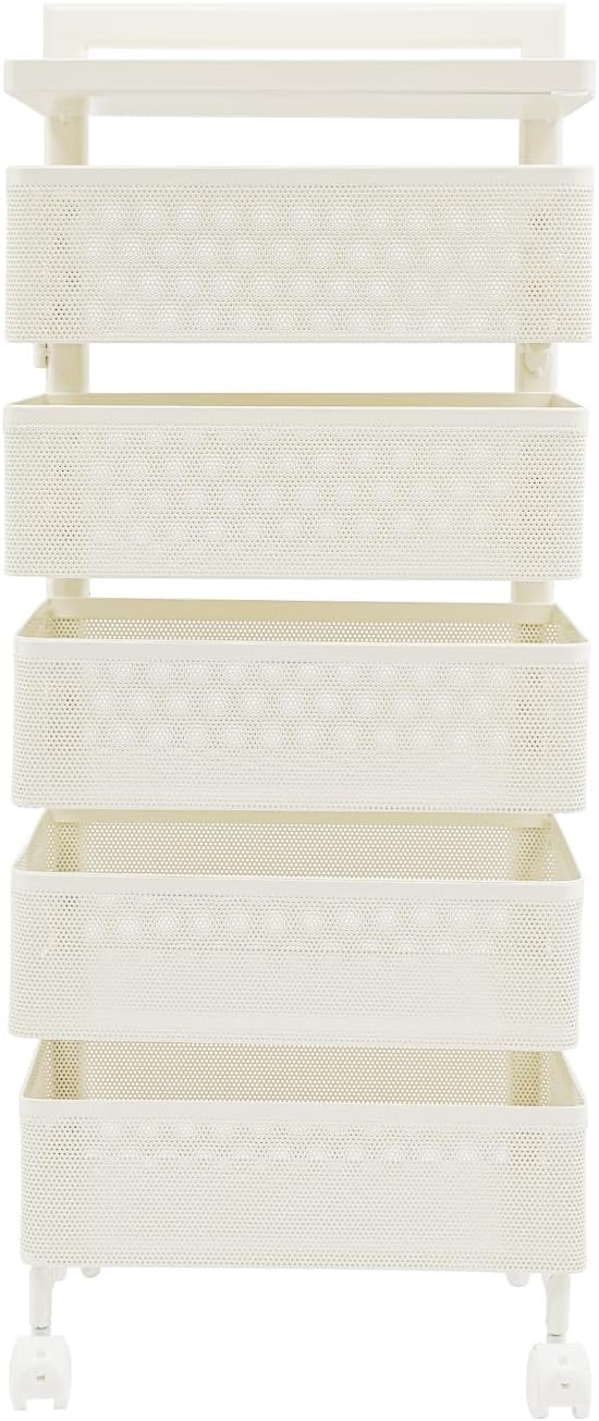 Rotating Storage Rack Kitchen Organizer with Rotating Basket(Five Magnetic Rotating Basket) Storage Cart On Rolling Wheels Fruit and Vegetable Basket Cart for Kitchens, Bathrooms (White)