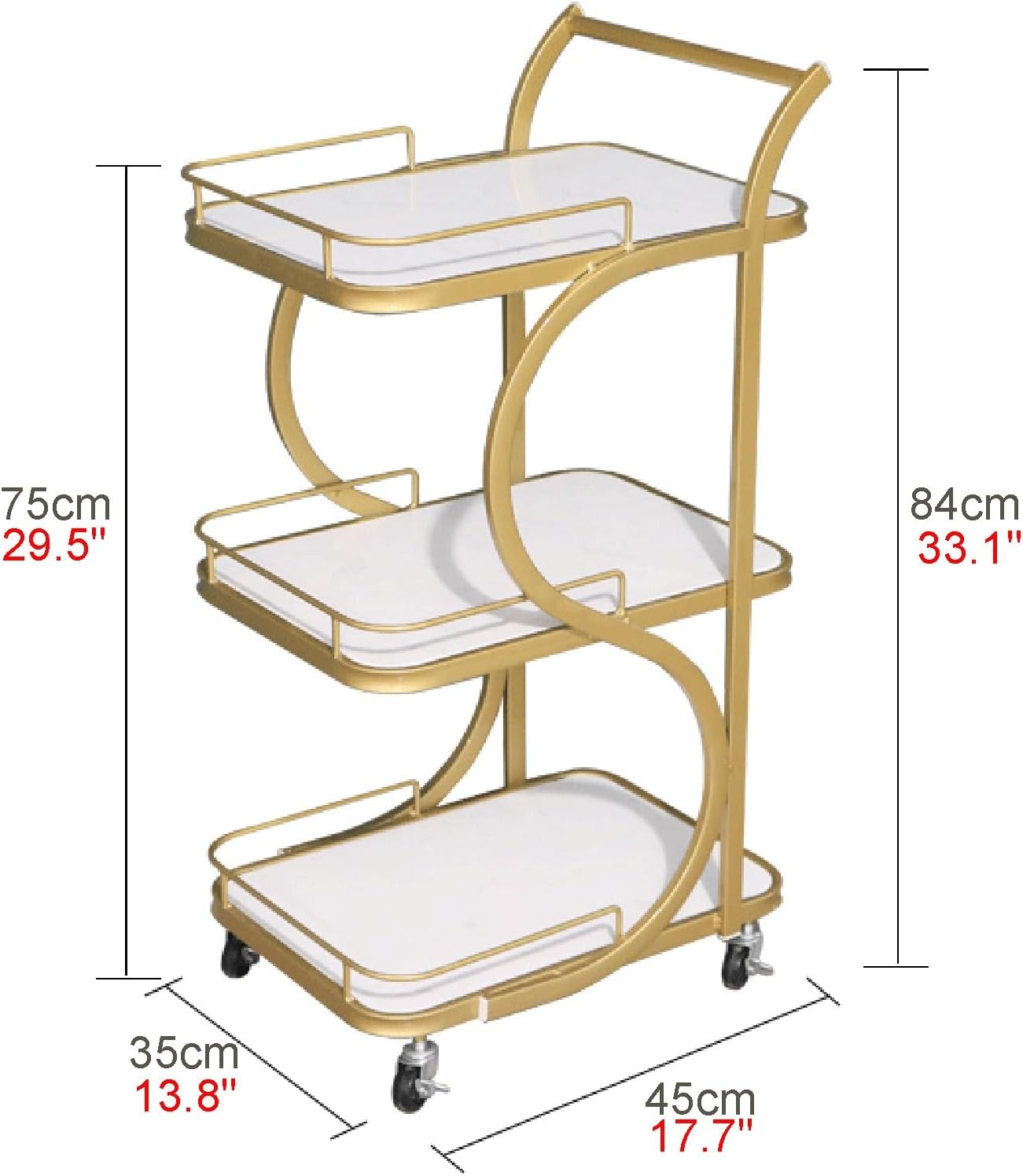 3-Tier Marble Storage Rack Cart for Beauty Salon & Restaurant Round Tube Handles Raised Guardra Bottom Brake Wheels Mobile for Supplies,