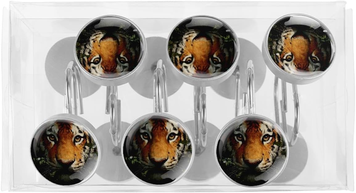 12 Pcs Tiger Shower Curtain Hooks, Crystal Glass Resin Shower Curtain Rod Rings, Rustproof Metal Curtain Hooks Bathroom Decor for Bedroom, Farmhouse Decor
