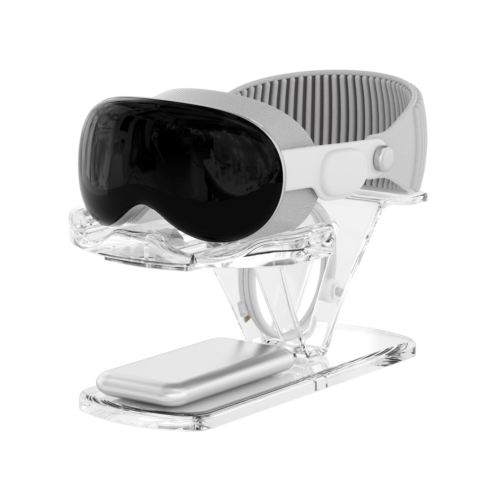 LINKEET Acrylic Stand Holder for Apple Vision Pro/Meta Oculus Quest 3/2, Clear Universal VR Headset Display Bracket, Weighted Base Station Enhance Stability, Storage for Accessories, Battery, Cable