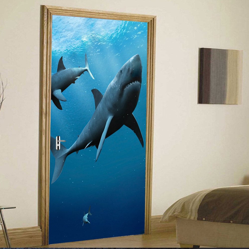 Adhesivo para puerta autoadhesivo, diseño de tiburón del océano para puertas interiores, 3D, película adhesiva para pared, papel pintado, adhesivo para paredes y puertas, 100 x 200 cm