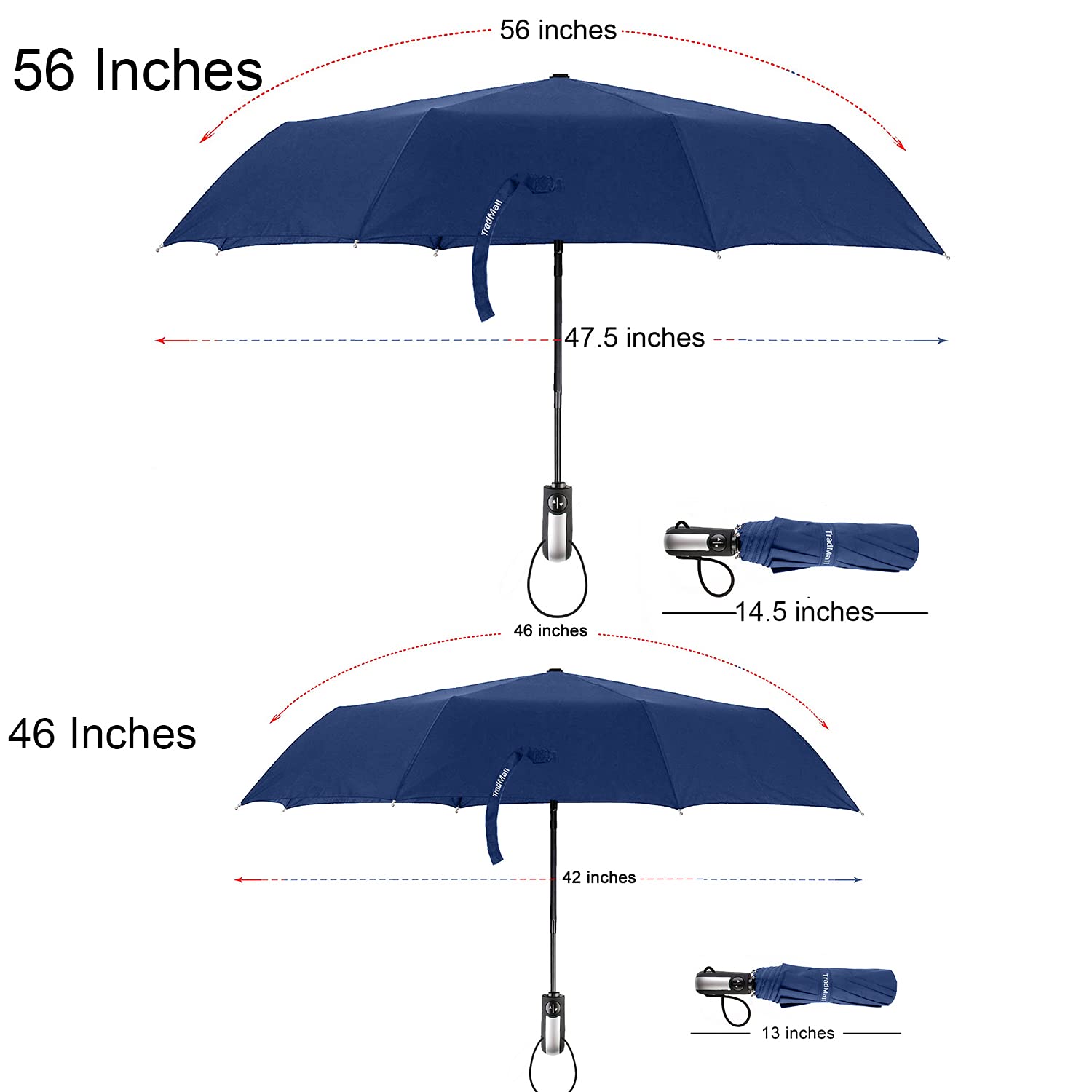 TradMall 2 Pack Travel Umbrella Windproof 46 Inches Large Canopy Reinforced Fiberglass Ribs Auto Open & Close, Navy Blue