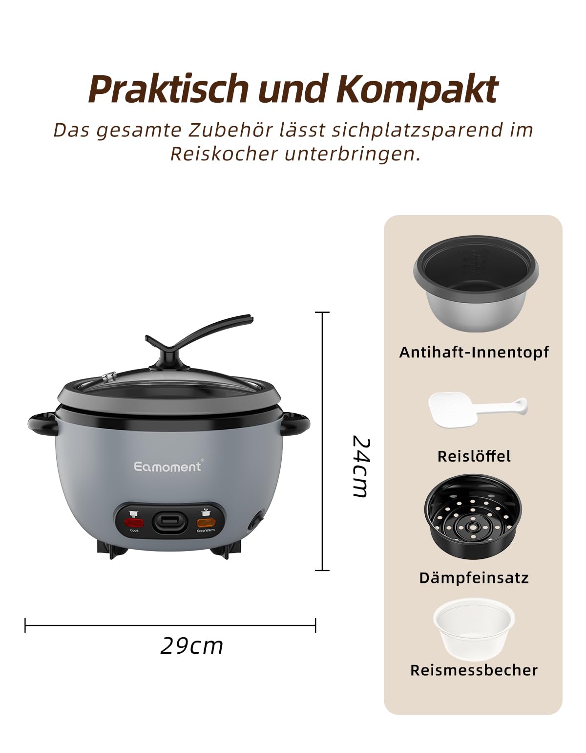 ERC-5P07SL 1L | 400W Reiskocher & Schwarzer Dämpfeinsatz Warm & Kochen 1-5 Personen Antihaft-abnehmbarer Topf, Messbecher Spatel, Aufstellbarer Knopf,Silber