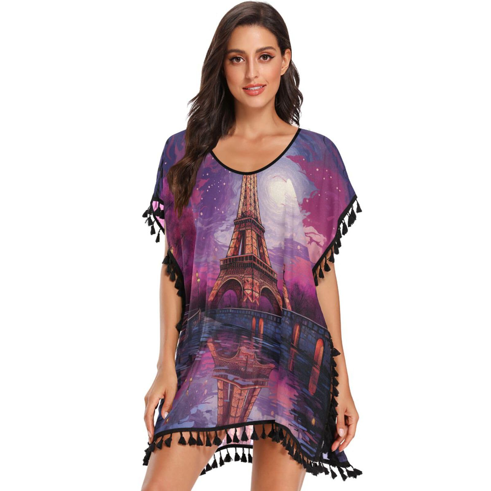 Purple Moon Tower Art Women's Beach Cover Up Chiffon Tassel Swimwear Swimsuit Coverups for Girl