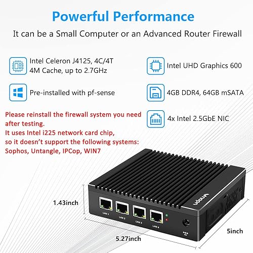 Miniatura 3 de Micro Firewall Appliance Intel J4125 Quad Core, 4 puertos LAN Intel 2.5GbE i225 sin ventilador Mini computadora 4GB RAM DDR4 64GB mSATA SSD,