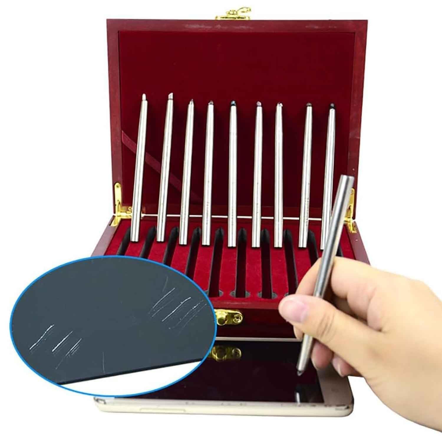 Kit di test di durezza, confezione da 10 tester per graffi con scatola, scala 1-10 per l'identificazione industriale di minerali e gemme