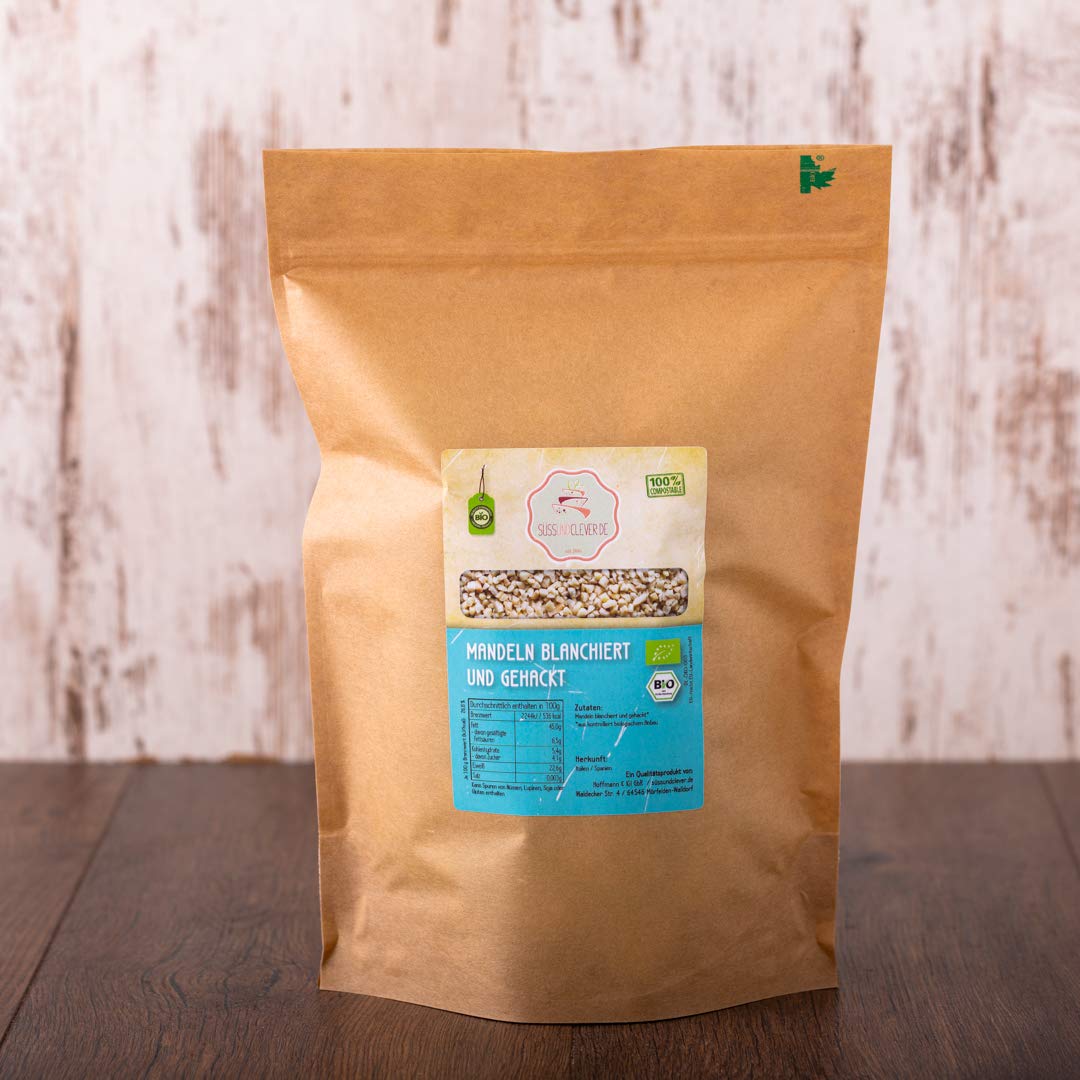 süssundclever.de® Bio Mandeln | blanchiert & gehackt | 1,0 kg | blanchierte Mandeln | plastikfrei und ökologisch-nachhaltig abgepackt