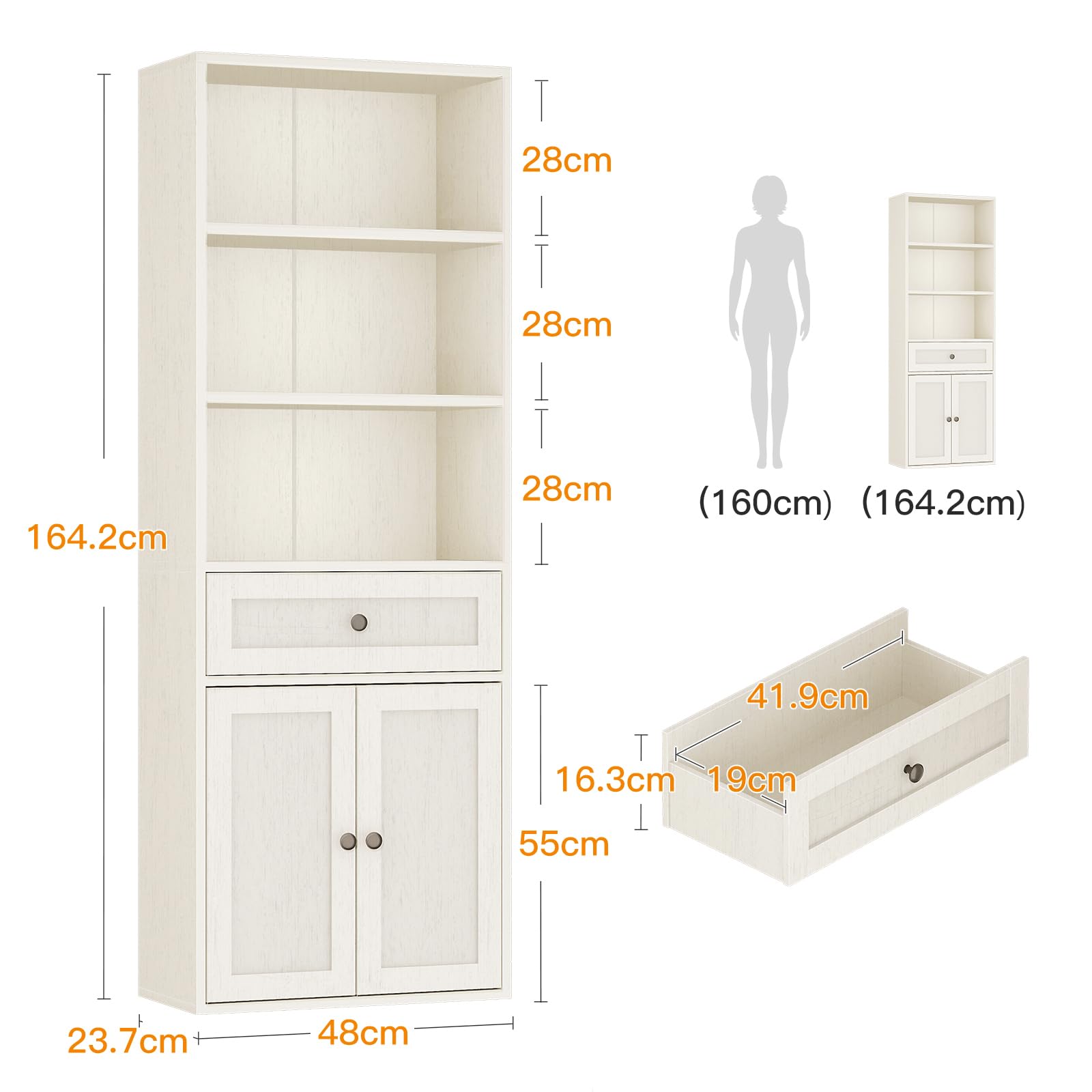 Coleshome Bücherregal mit Türen und Schrank Regal mit 5 Ebenen, Stehendes Etagenregal mit Schubladen zur Aufbewahrung und Präsentation für Zuhause, Büro, Wohnzimmer, Schlafzimmer, Weiß, 48x24x164.2