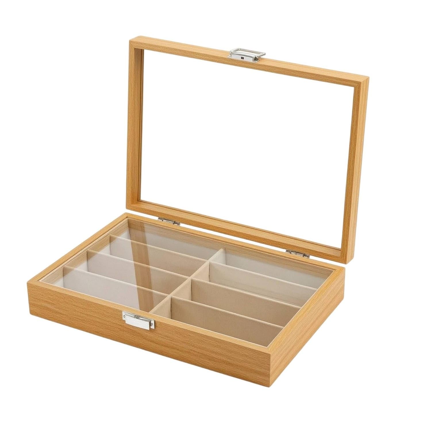 Ojiva® Wooden-Grain Sunglasses Organizer 8-Compartment Sunglass Box with Glass Lid Dustproof Sunglasses Storage Box Clear for Collectors, Dresser, Closet, Rosewood Beige-image-10