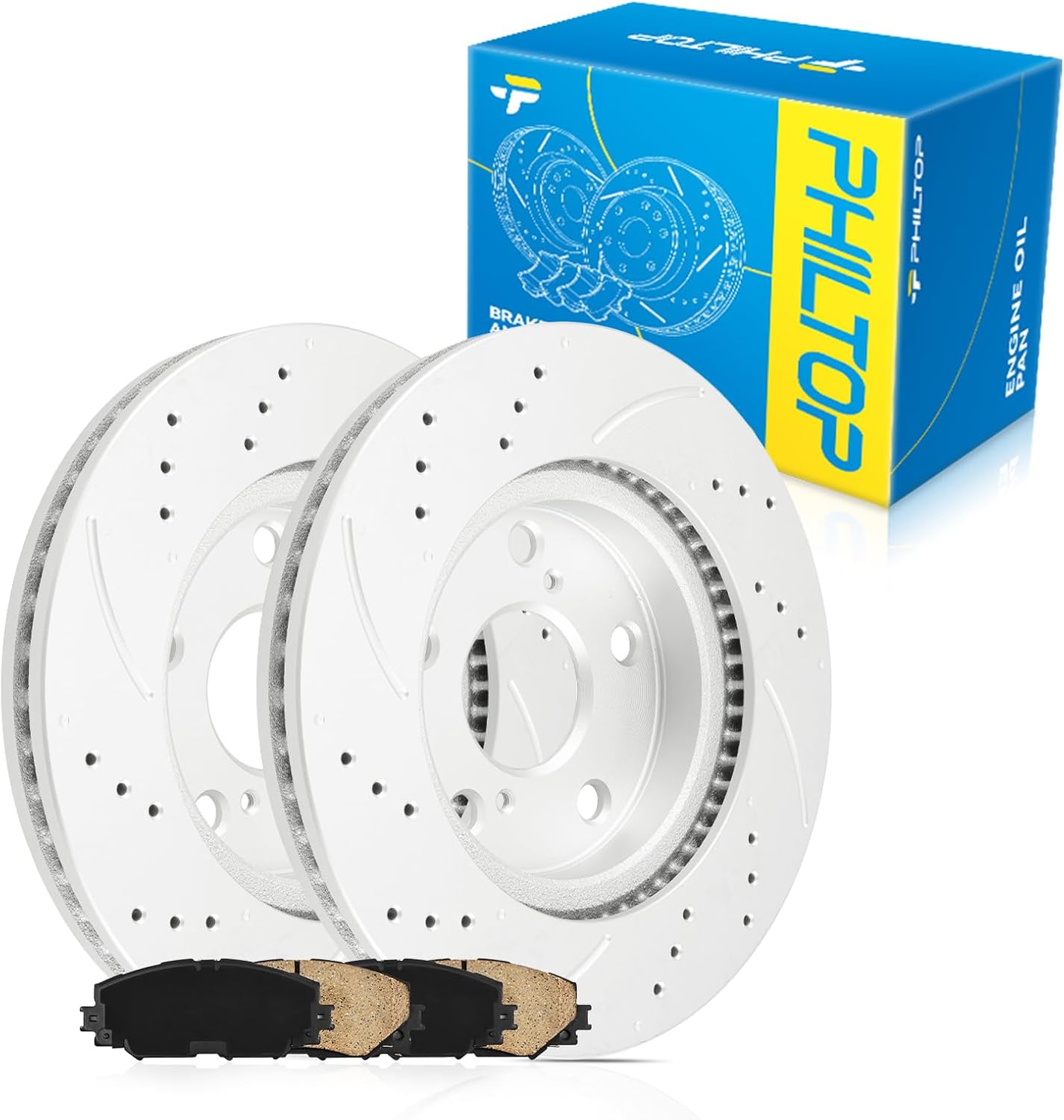 PHILTOP 31440+D1210 Front Drilled and Slotted Disc Brake Rotor and Ceramic Brake Pad Set Kit For RAV-4 2006-2018, XB 2008-2015, Prius V 2012-2017, HS250h 2010-2012, 6pcs