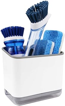 KeFanta Sink Counter Caddy, Plastic Dish Sponge Holder, Kitchen Brush and Scrubber Organizer with Drain Tray, White