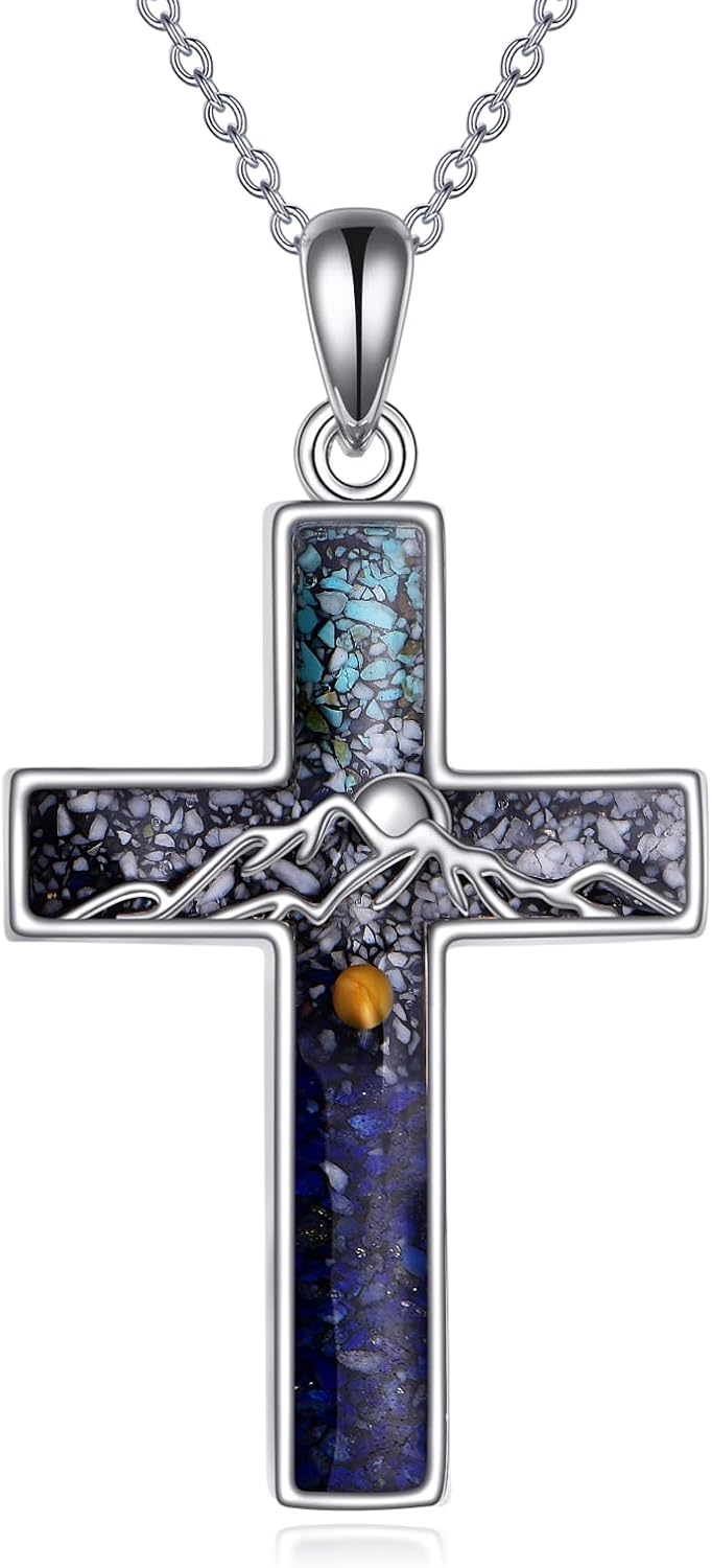 YFN Cross Necklace Sterling Silver Mountain and Ocean Pendant Religious Jewelry Gifts for Women Men
