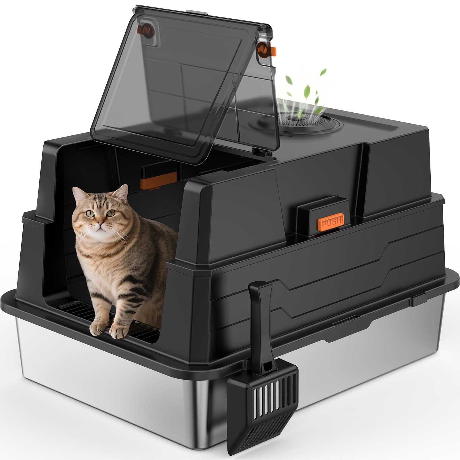 FURTIME XXXL Stainless Steel Cat Litter Tray with Flip Lid for Big Cats, Enclosed Metal Cat Litter Box with 43cm High Sided, Extra Large Litter Box for Cats, 71x51x43cm, Black — image 1