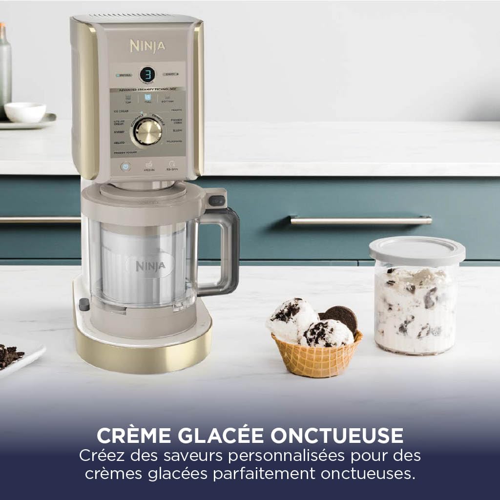 Ninja CREAMi Deluxe Machine a glace et sorbetière, 2 bacs, 10 fonctions, crème glacée, yaourts glacés, des milkshakes, des slush, Pièces amovibles lavables au lave-vaisselle, Stone/Or NC502EUSTGD