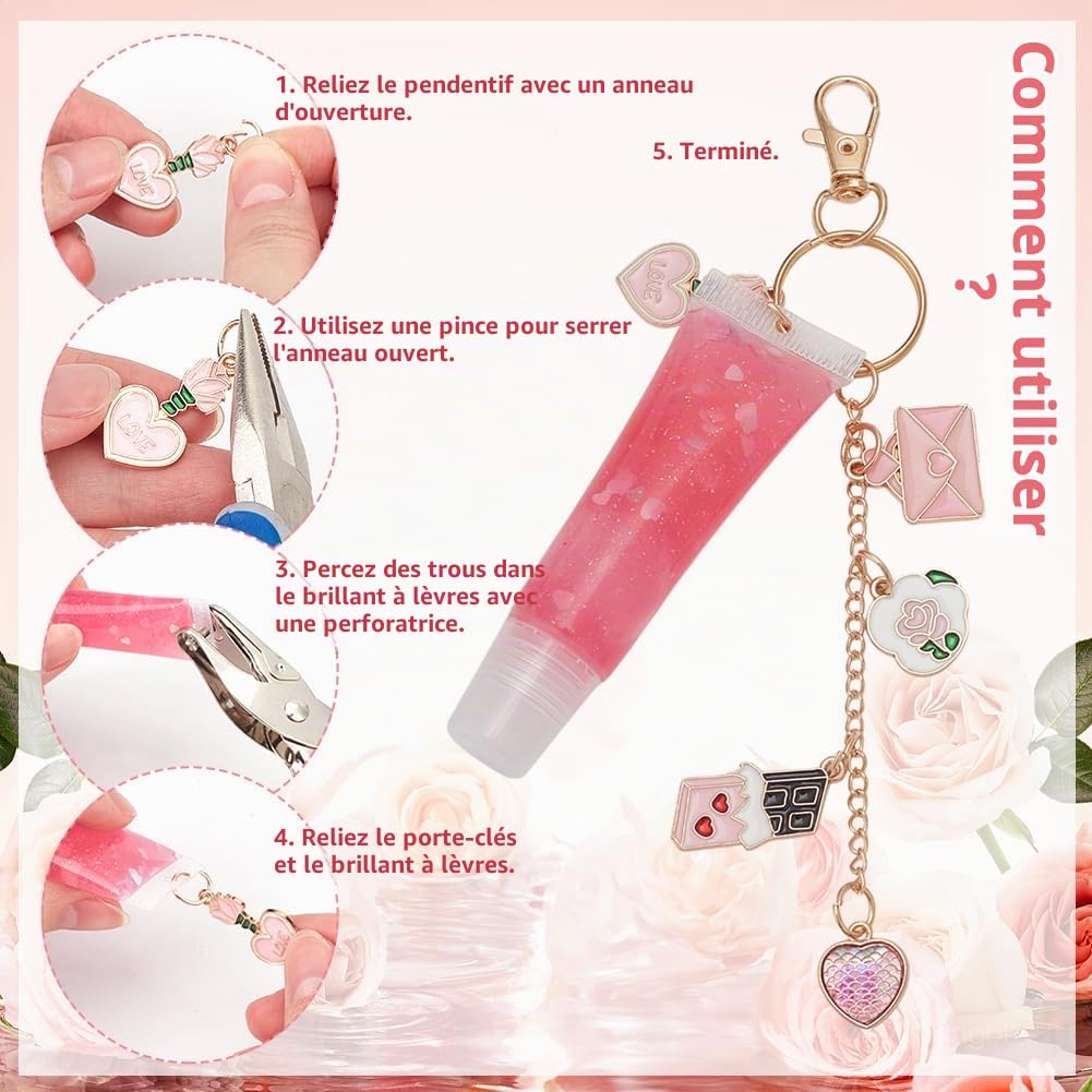 WEBEEDY 263 Pièces Kit de Création de Porte-Clés en Or Kit de Breloques pour Sac avec 100 breloques roses,20 Clips de Porte-Clés,5M de Chaîne de Prolongation, Pince à Bijoux pour la Création de Bijoux