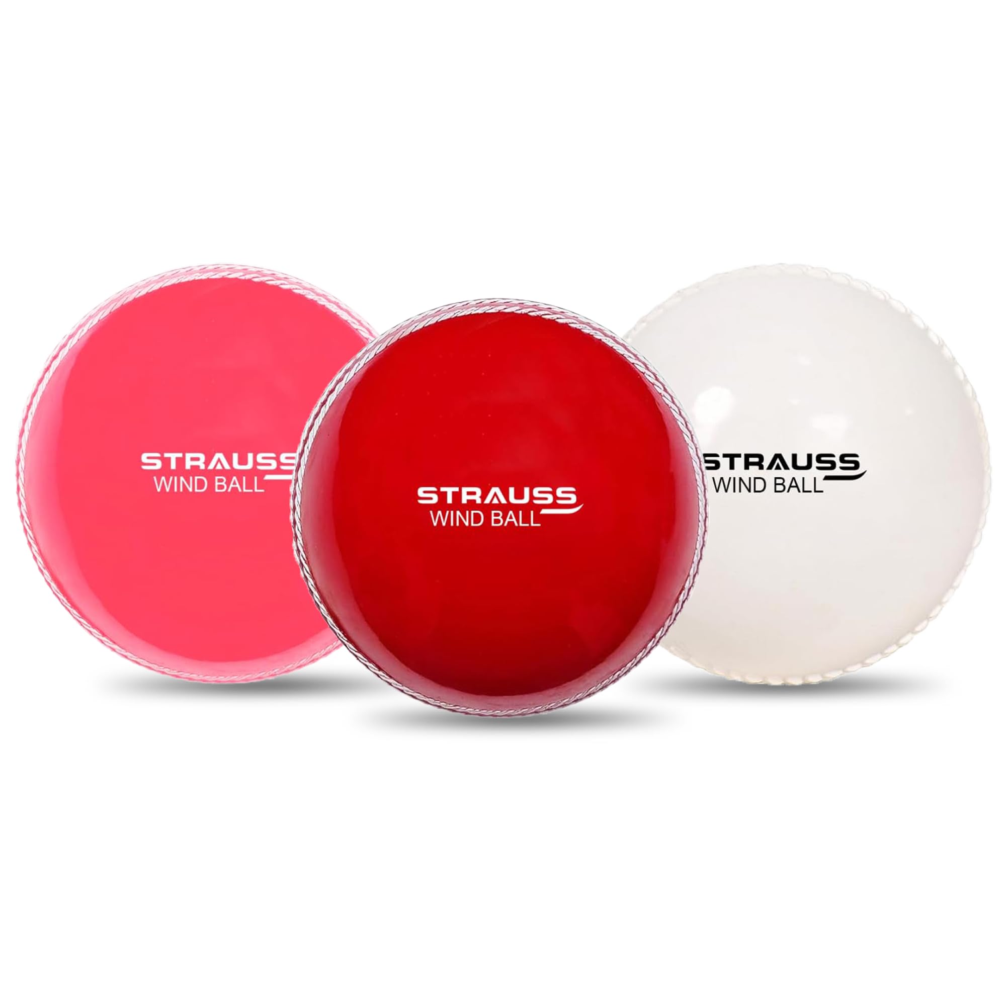 Strauss Synthetic Cricket Balls | Model: Wind | Standard Size | Pack of 3 Color: Red, White and Pink | for Matches & Practice | for All Age Groups | Lightweight Wind Ball