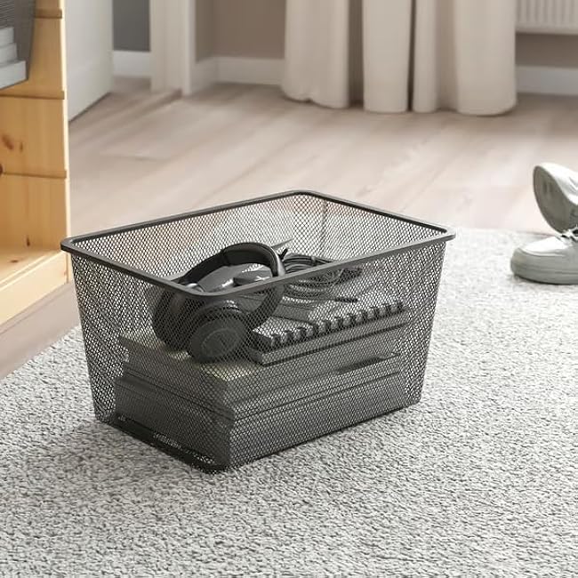 Set of 2, Mesh Storage Box, Dark Gray ¨C Large Breathable Organizer Bin for Toys, Closet, Shelves, Playroom ¨C Open Top Plastic Storage Basket, Stackable ¨C 16 1/2x11 3/4x9