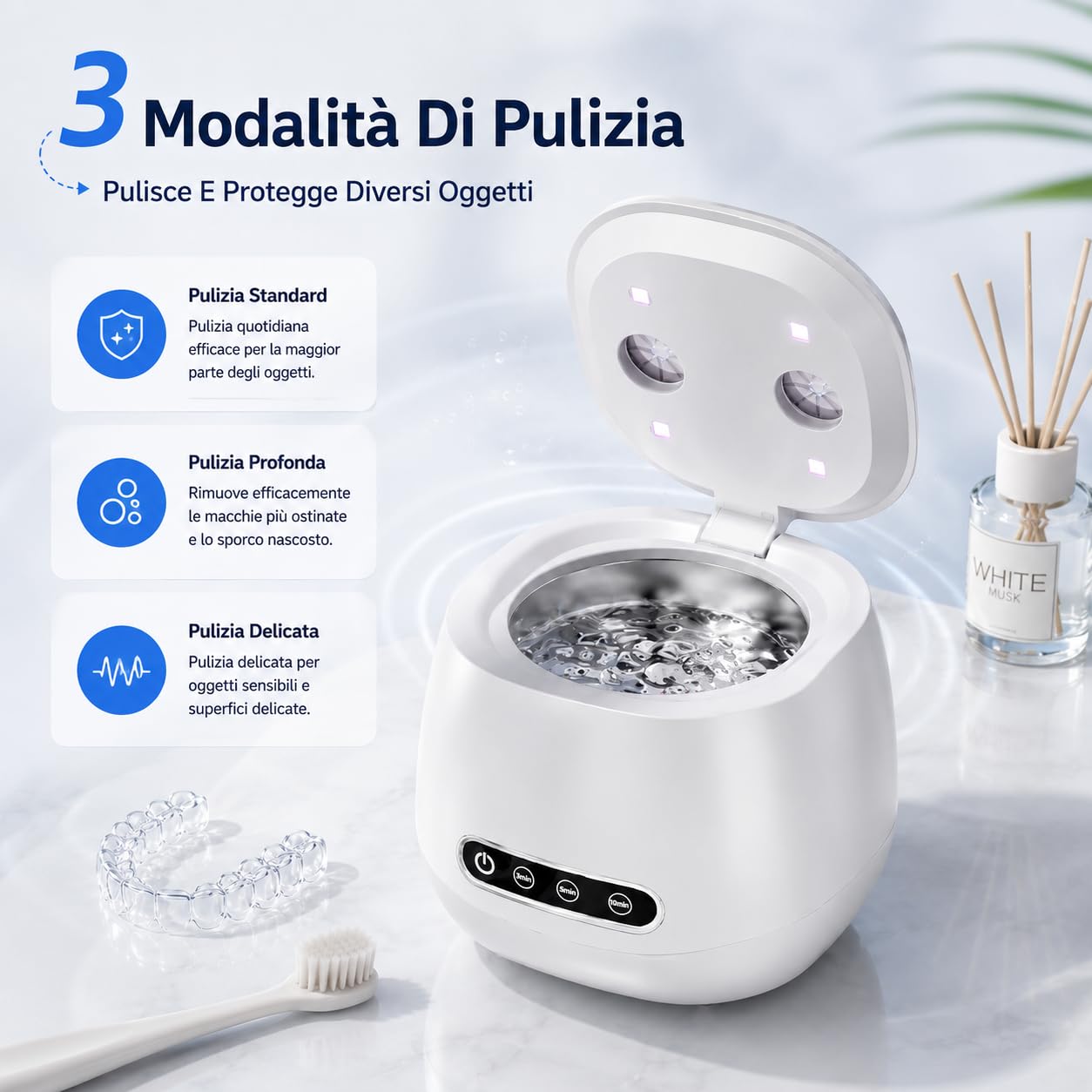 Cleon - Pulitore ad Ultrasuoni 45000Hz con 3 Modalità - Pulitore Ultrasuoni Apparecchio Denti Compatto, Vaschetta in Acciaio Inox, per Retainer, Gioielli e Accessori Quotidiani (Nero)