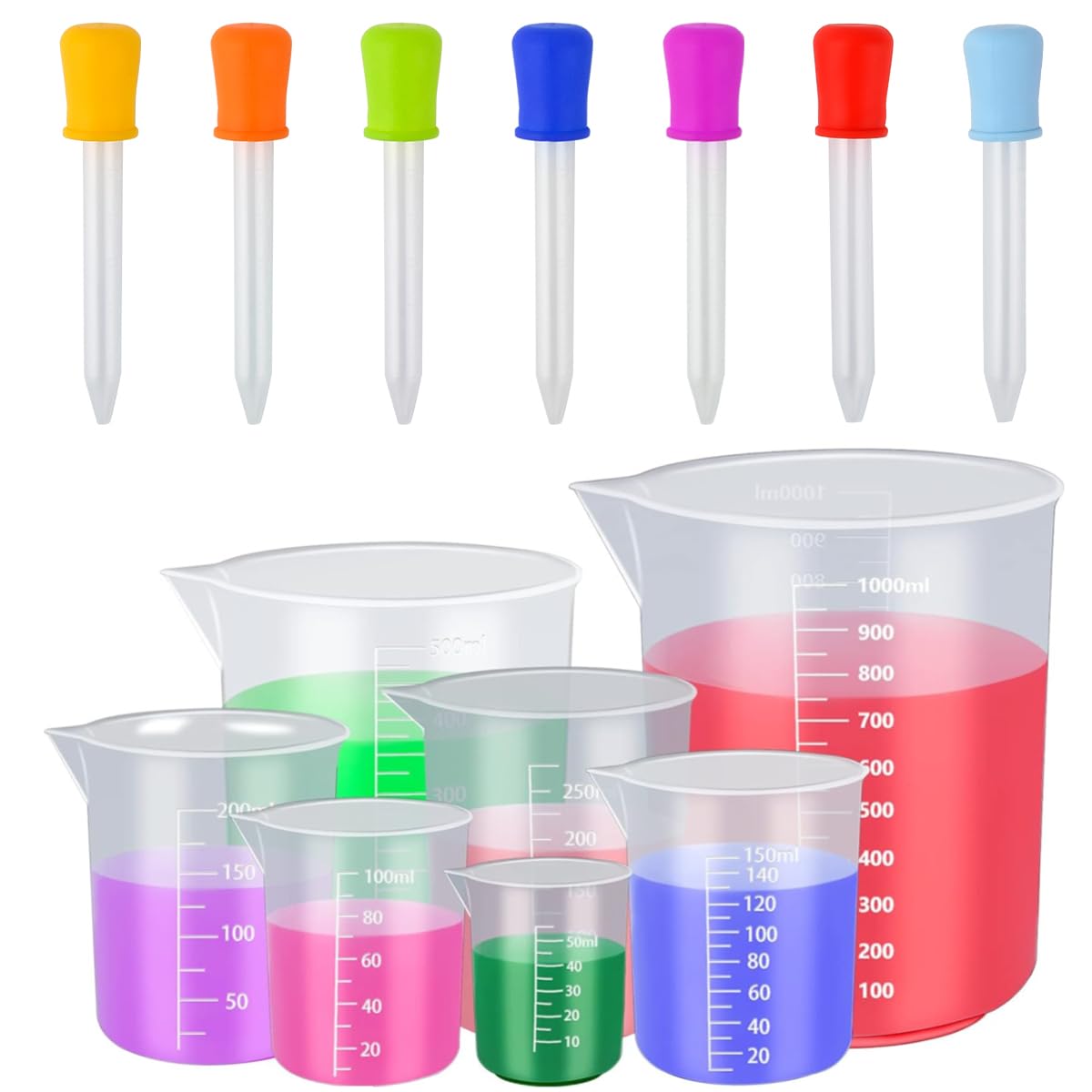BUYGOO Messbecher-Set Aus Kunststoff – 5 Becher, 4 Zylinder, 5 Pipetten, 1 Bürste, Für Küche & Experimente