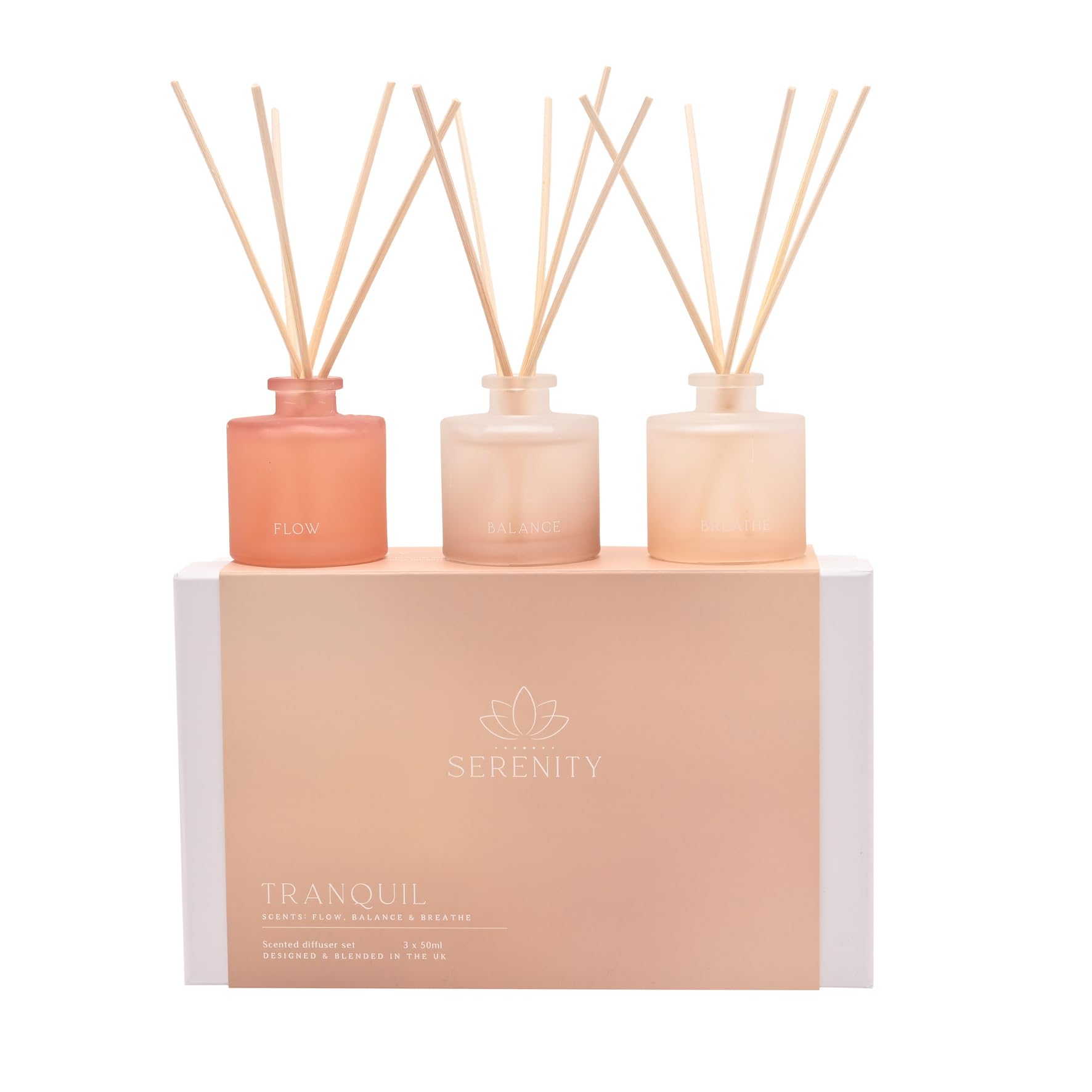 Serenity - Tranquil Set of 3 Diffusers 50ml Each - Flow, Balance & Breathe Scented - Relaxing Elegant Home Scent for Home & Office Ambiance - Gifting Present Set - H: 7cm x W: 5cm.
