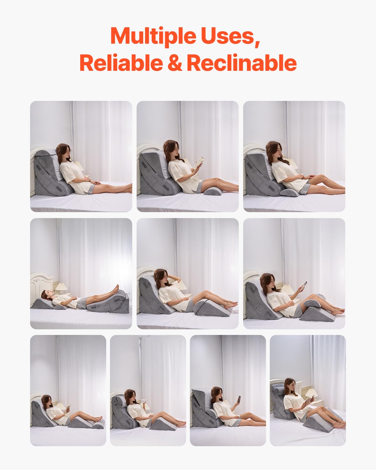 VEVOR Cuscino a Cuneo per Dormire, Set di 4, Cuscini Ortopedici Regolabili per Letto, Supporto per Gambe, Collo e Spalle, per Mal di Schiena, Reflusso Acido, Sollievo dal Russare, Grigio Scuro