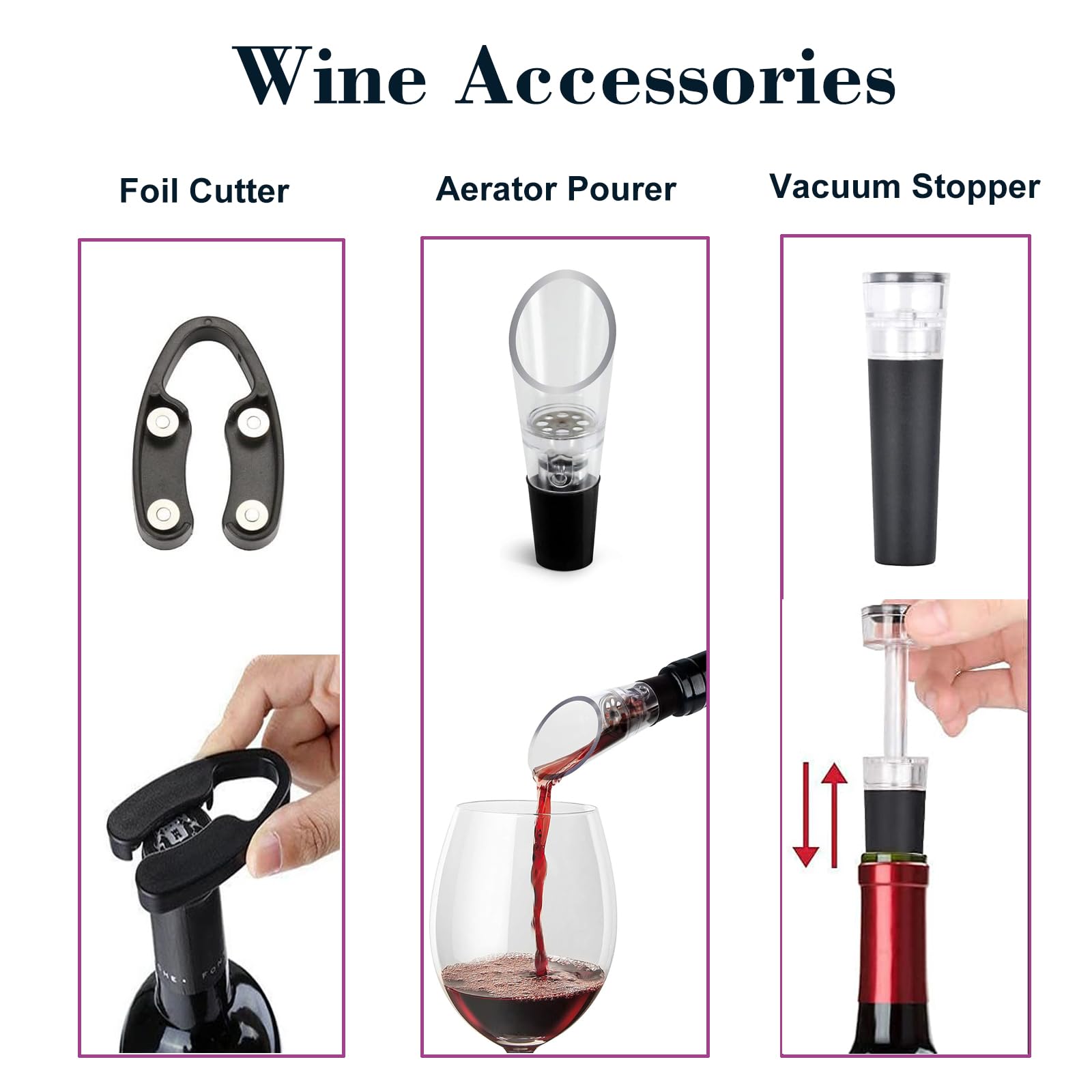 Abrebotellas de vino a presión de aire con cortador de papel de aluminio, vertedor de aireador de vino, 2 tapones de vino al vacío, base de almacenamiento (6 unidades), abridor de vino sacacorchos, el 4