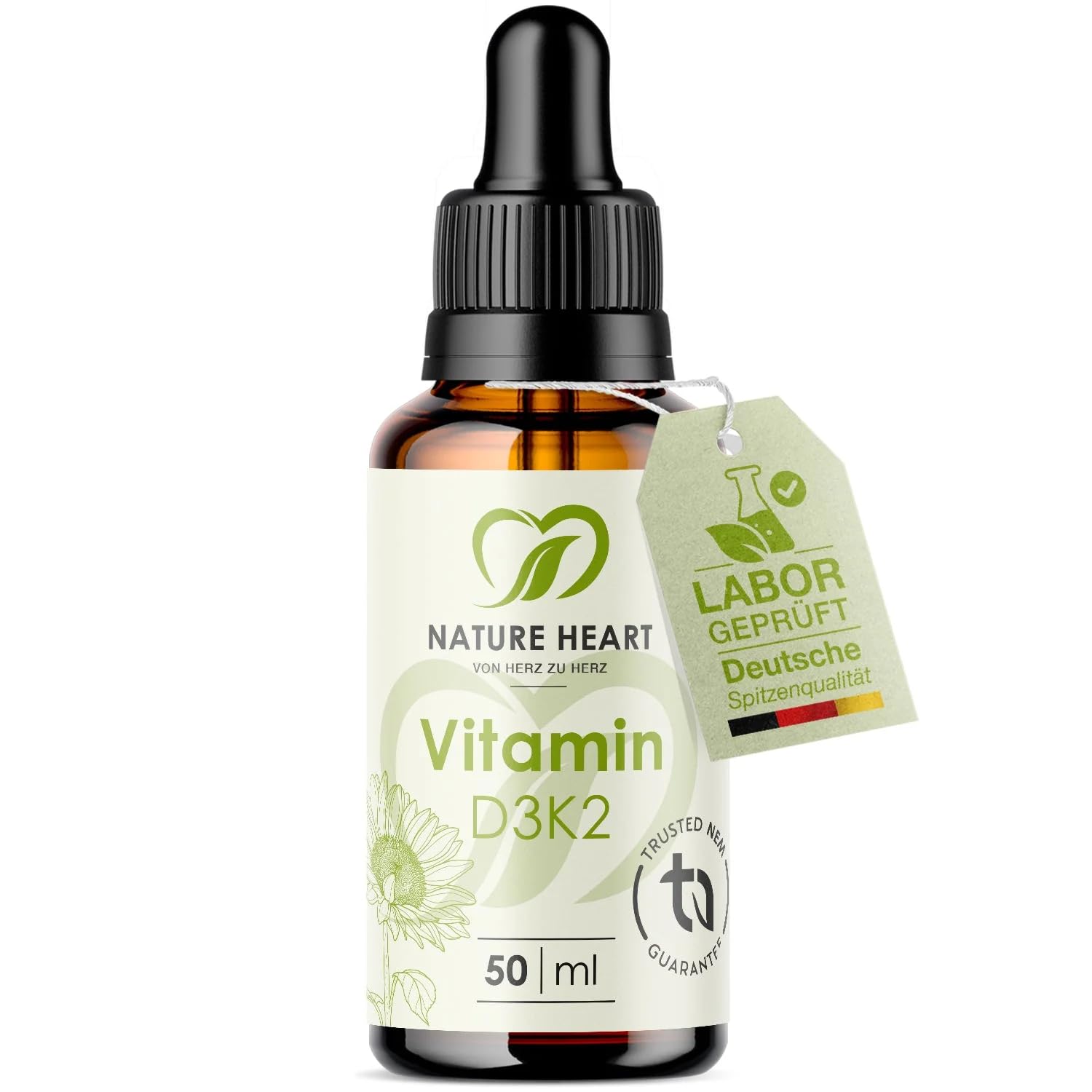 Nature Heart Vitamin D3 K2 Tropfen hochdosiert 50ml – 1.000 I.E. D3 pro Tropfen mit K2 MK7 in MCT-Öl aus Kokos – für Knochen, Zähne, Muskeln & Immunsystem – ohne unerwünschte Zusatzstoffe