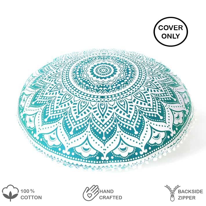 Eyes of India - 32 Zoll Bodenkissen, Meditation, Sitzkissen, Mandala, Tagesdecke, rund, voller Farben, dekorativ, Boho, Boho, Hund, indisch, Bezug – Grün #1, 80 cm, Durchmesser